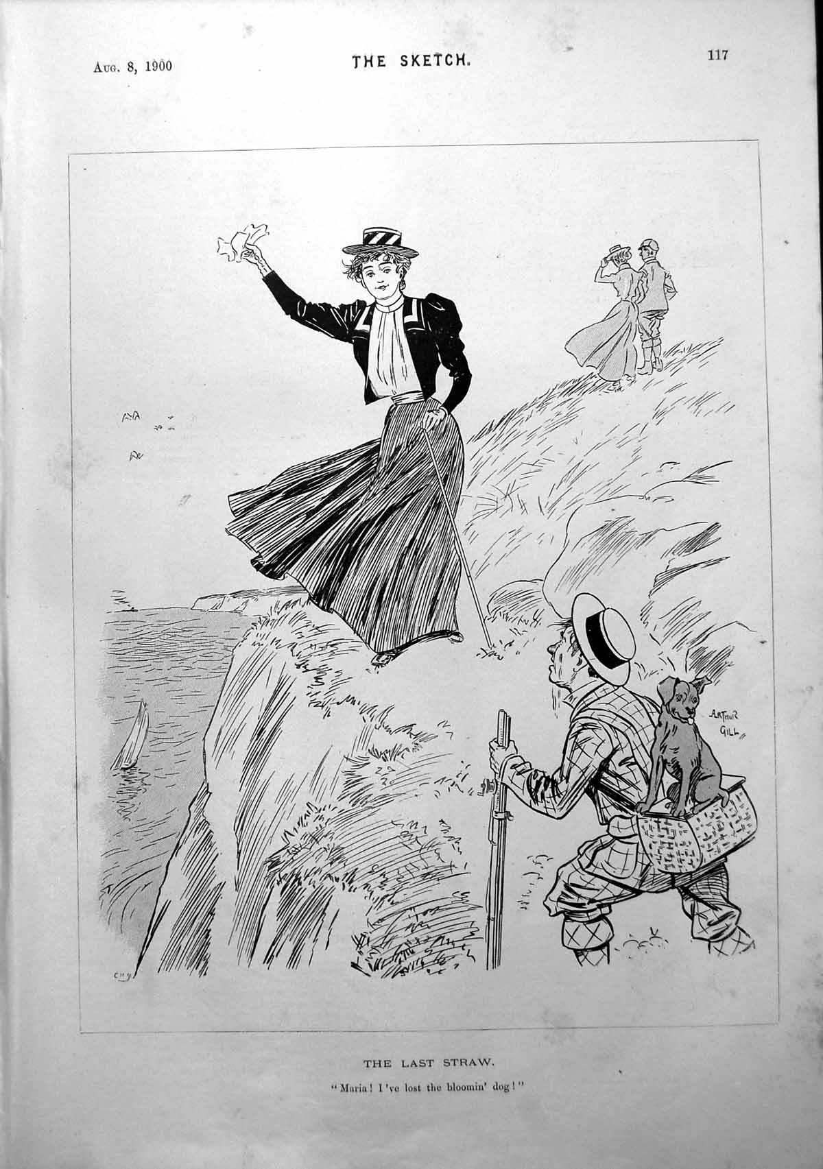 Antique Old Print Lady Cliff Top Man Dog Picnic Basket On Back Lost Dog 1900