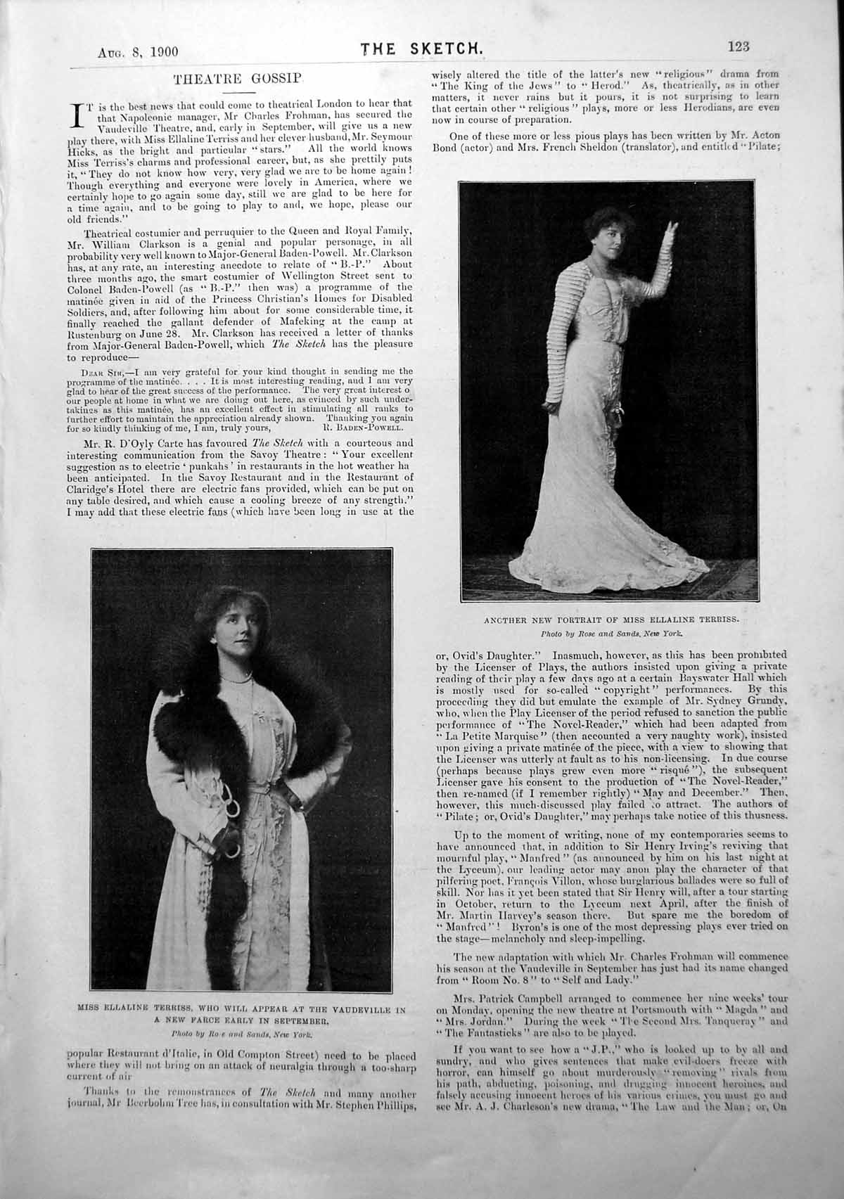Antique Old Print Miss Ellaline Terriss Actress Miss Ada Rehan American 1900