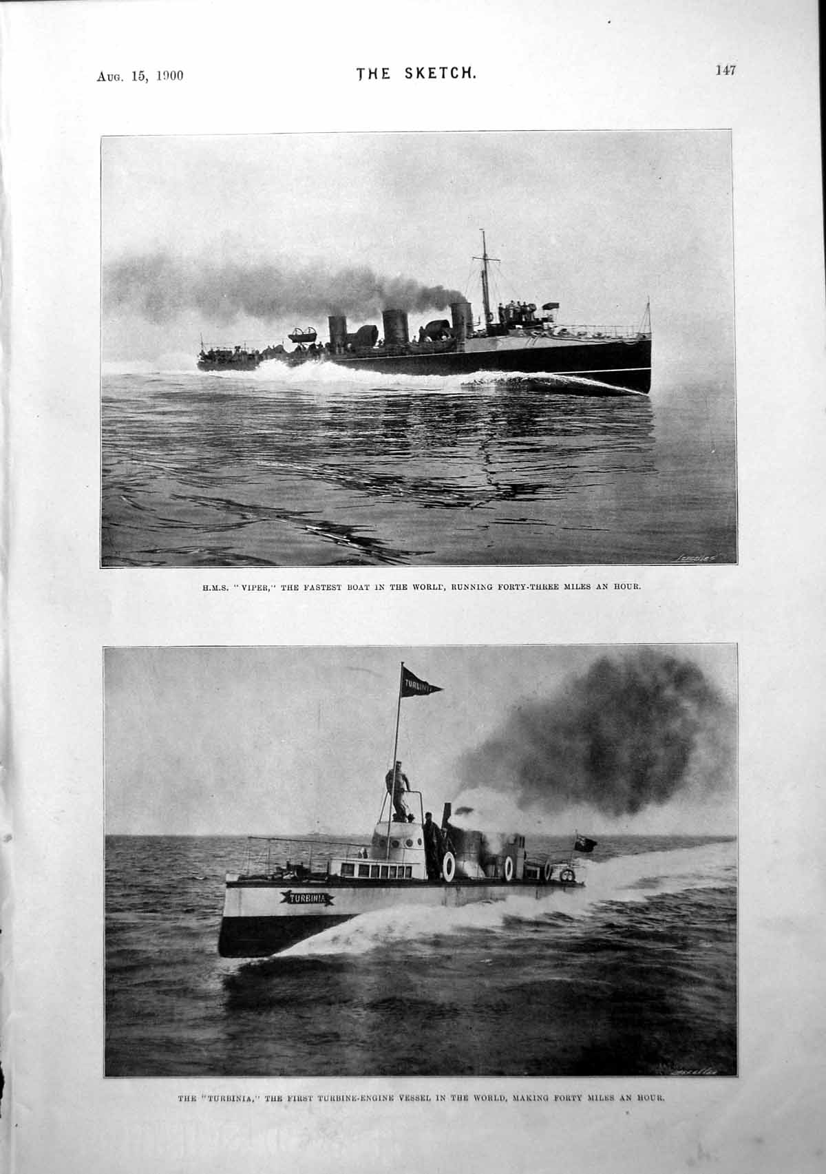 Original Old Antique Print Hms Viper Turbinia At Speed Captain John Hoey 1900