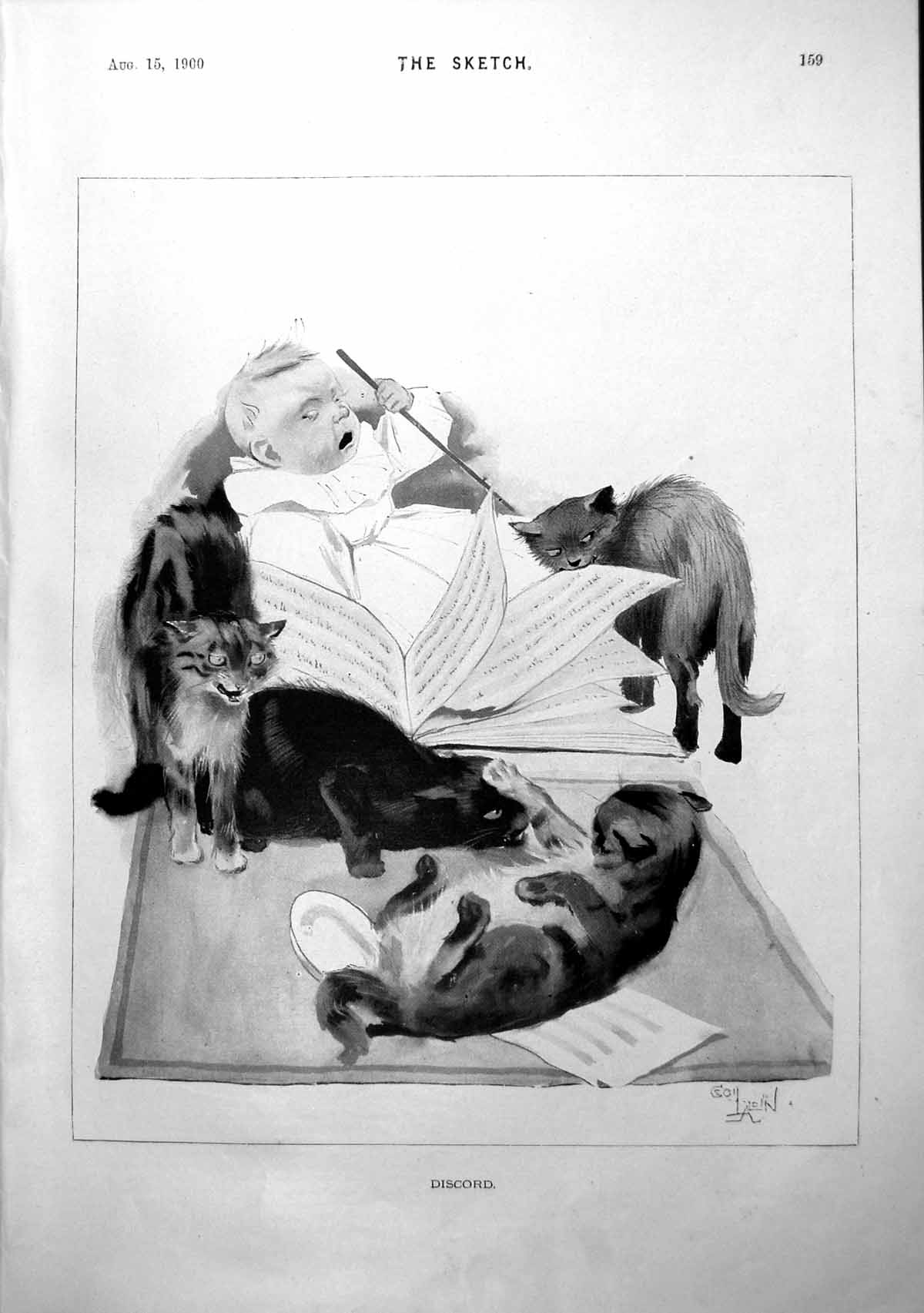 Antique Old Print Discord Cats Fighting Angel Crying Music Eaten Cherub 1900