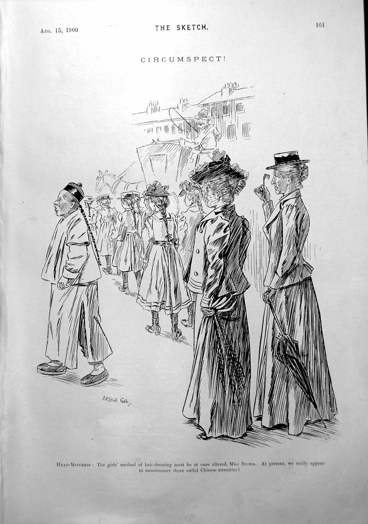 Antique Old Print Headmistress Girl'S School Comparing Plaited Ponytails 1900