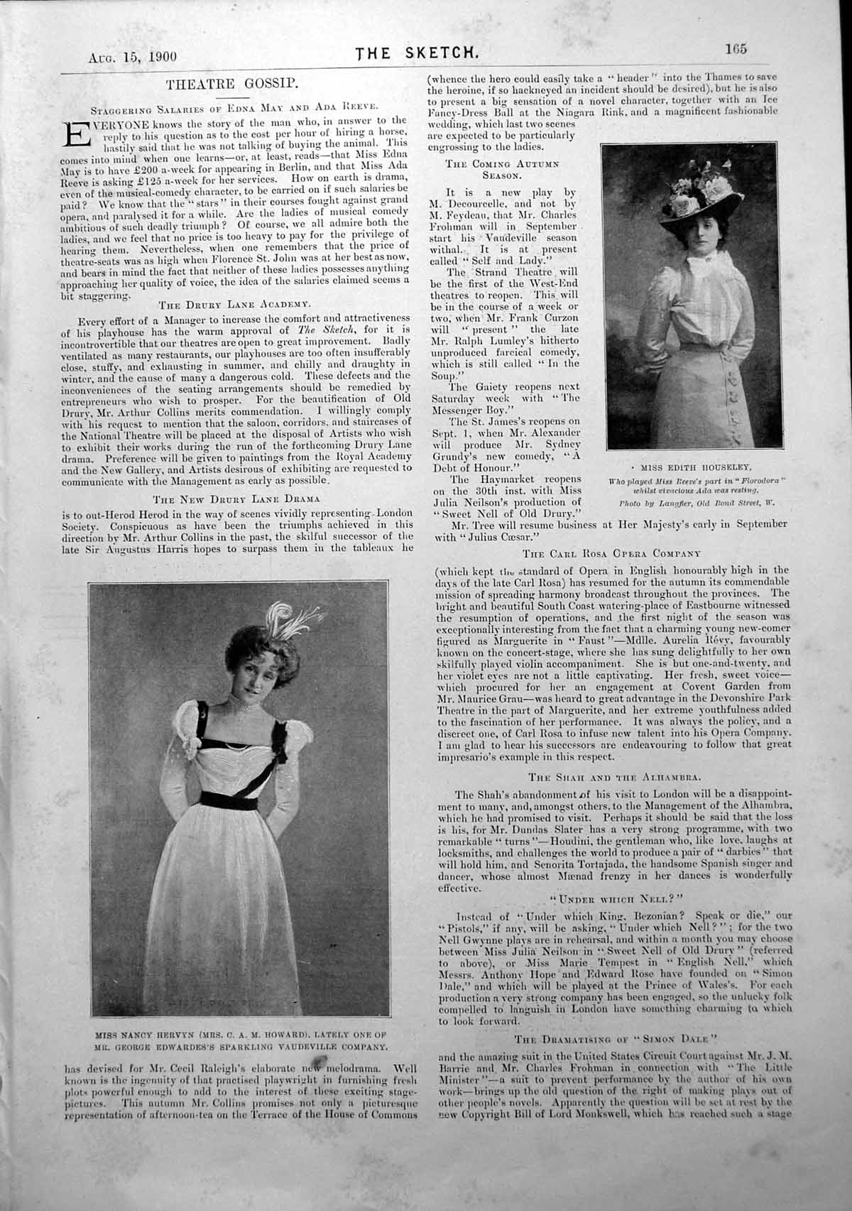 Antique Old Print Mancy Hervyn Edith Houseley Miss Lena Benson Actress 1900