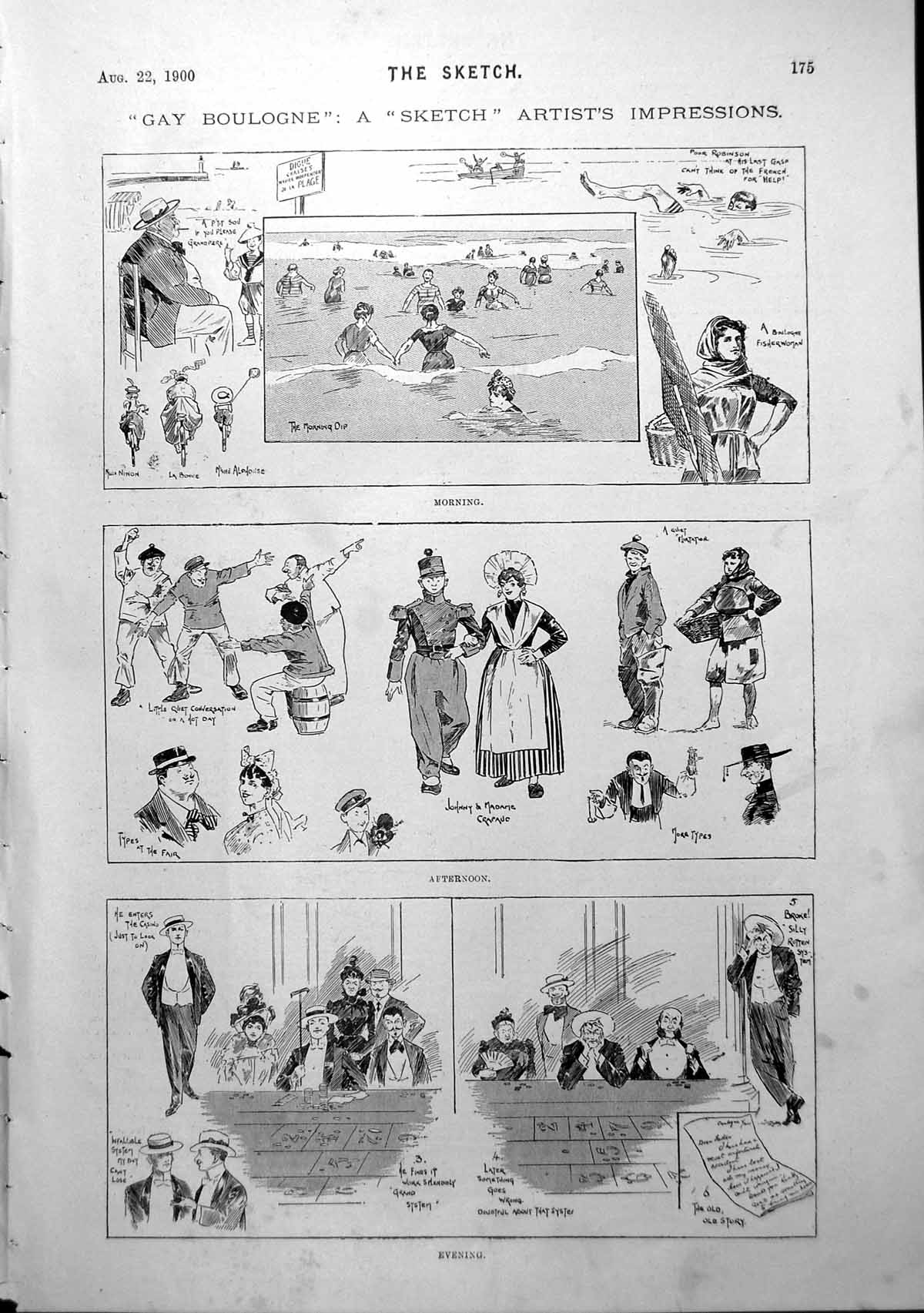 Antique Old Print Gay Boulogne Sketches Bathing Local Residents Evening 1900