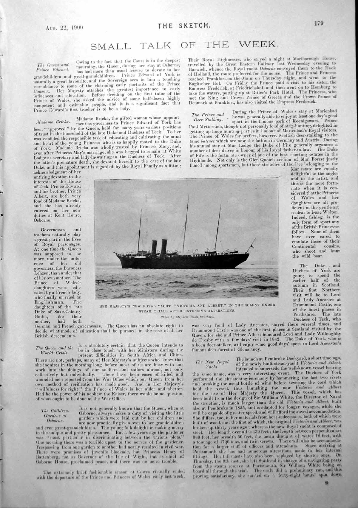 Original Old Antique Print Victoria And Albert Yacht Solent Duchess Genoa 1900