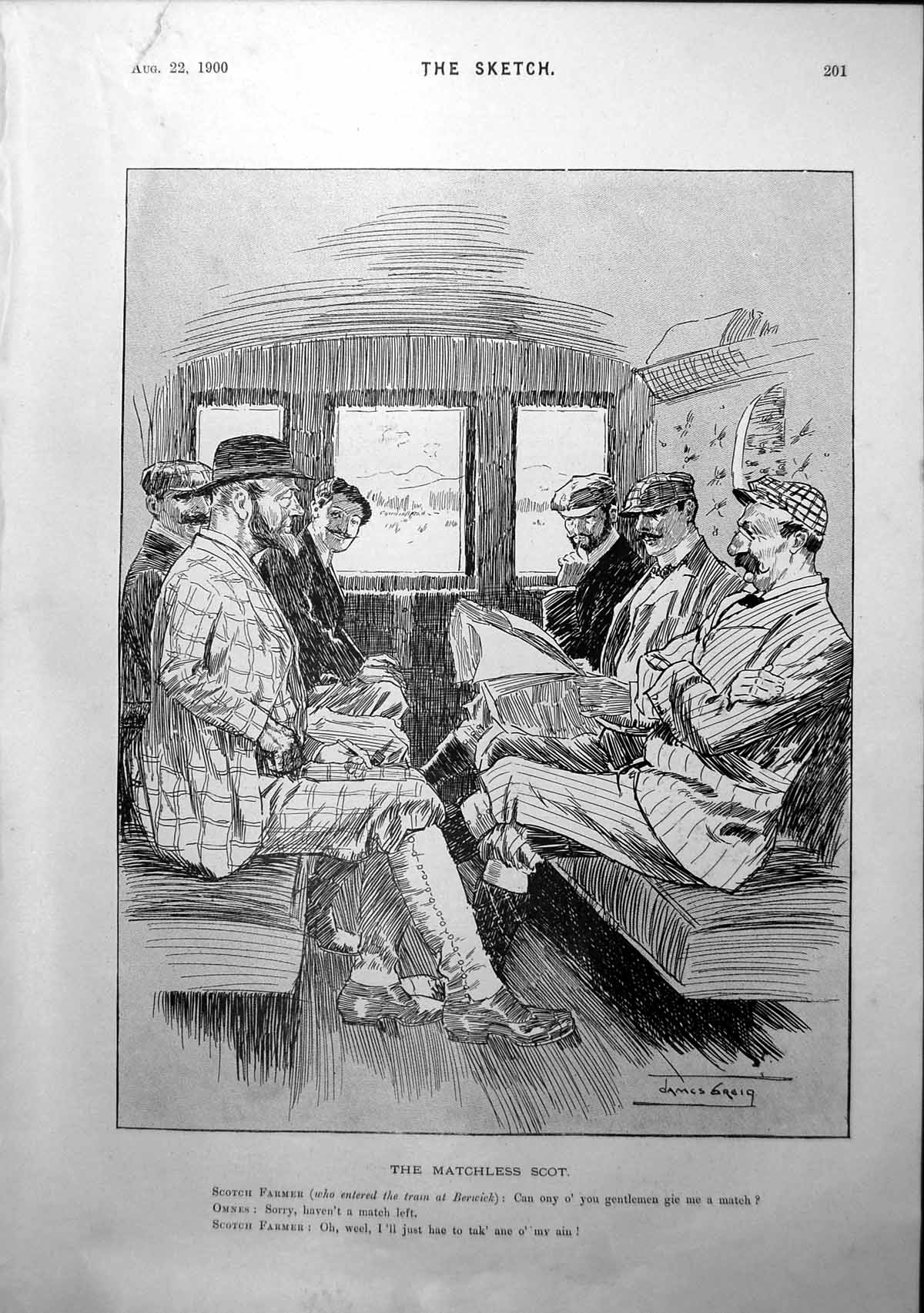 Antique Old Print Scottish Farmer Joining Train Asking For Match Has Own 1900