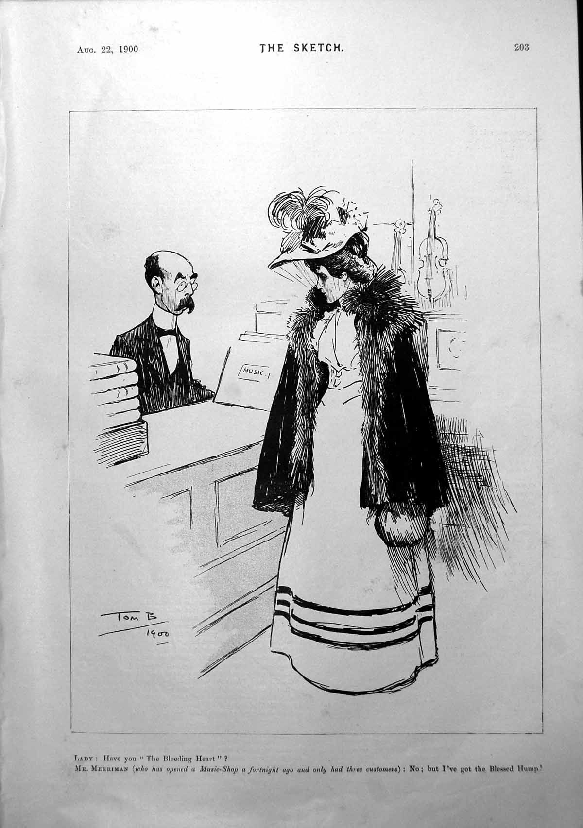 Old Antique Print Lady Shop Owner Conversation Music Lack Customers 1900 20th