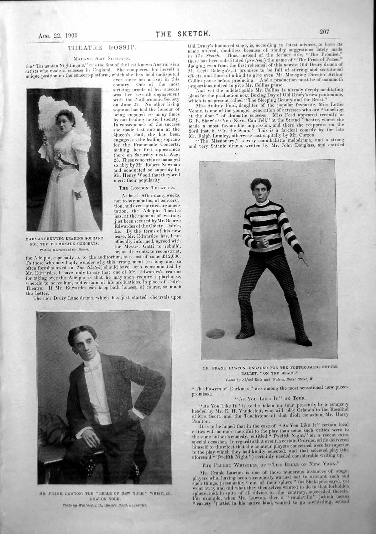Antique Old Print Frank Lawton Madame Sherwin Audrey Ford Kate Tyndall 1900