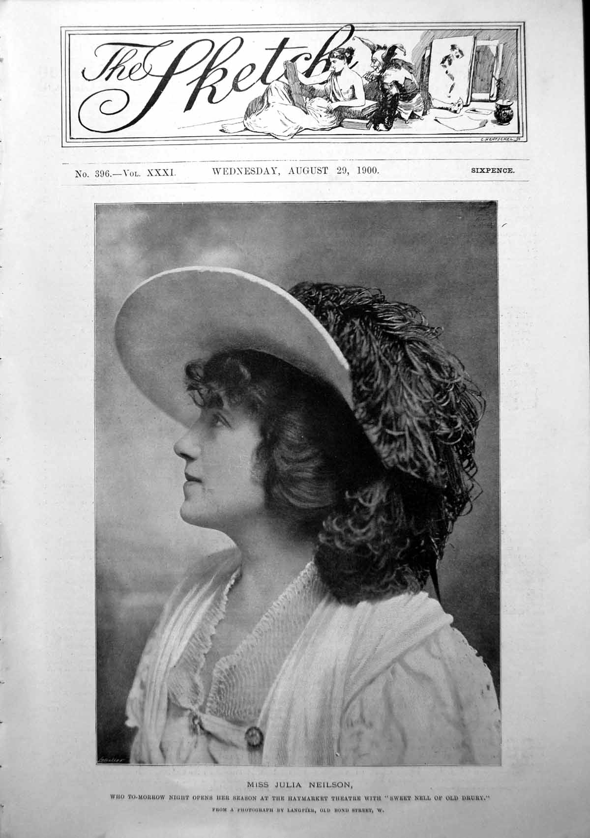 Original Old Antique Print Miss Julia Neilson Actress Portrait Frontispice 1900
