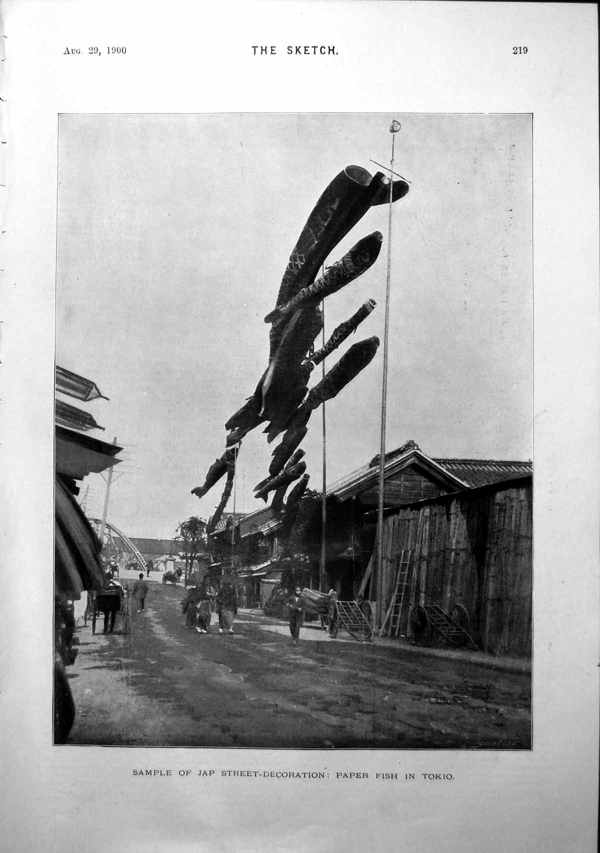 Original Old Antique Print Japanese Street Decoration Paper Fish In Tokio 1900