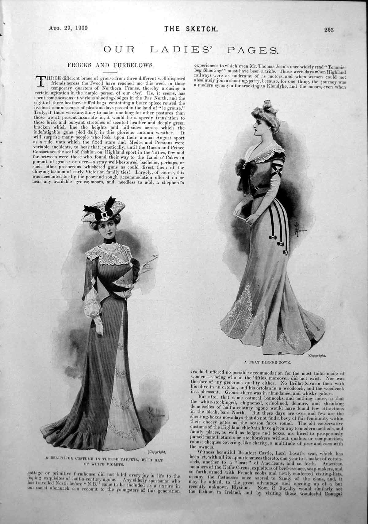 Antique Old Print Tucked Taffeta Costume Dinner-Gown Marquise Hat Oak 1900 20th