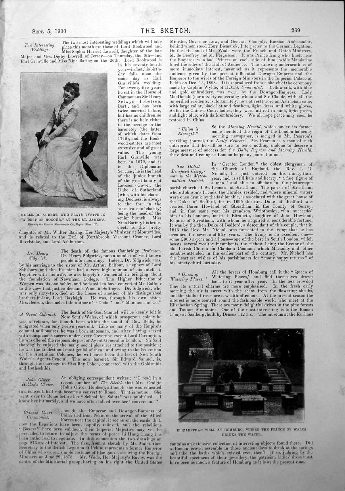 Old Antique Print Mdlle M Aubert Elixabethan Well Homburg Tom Browne 1900 20th