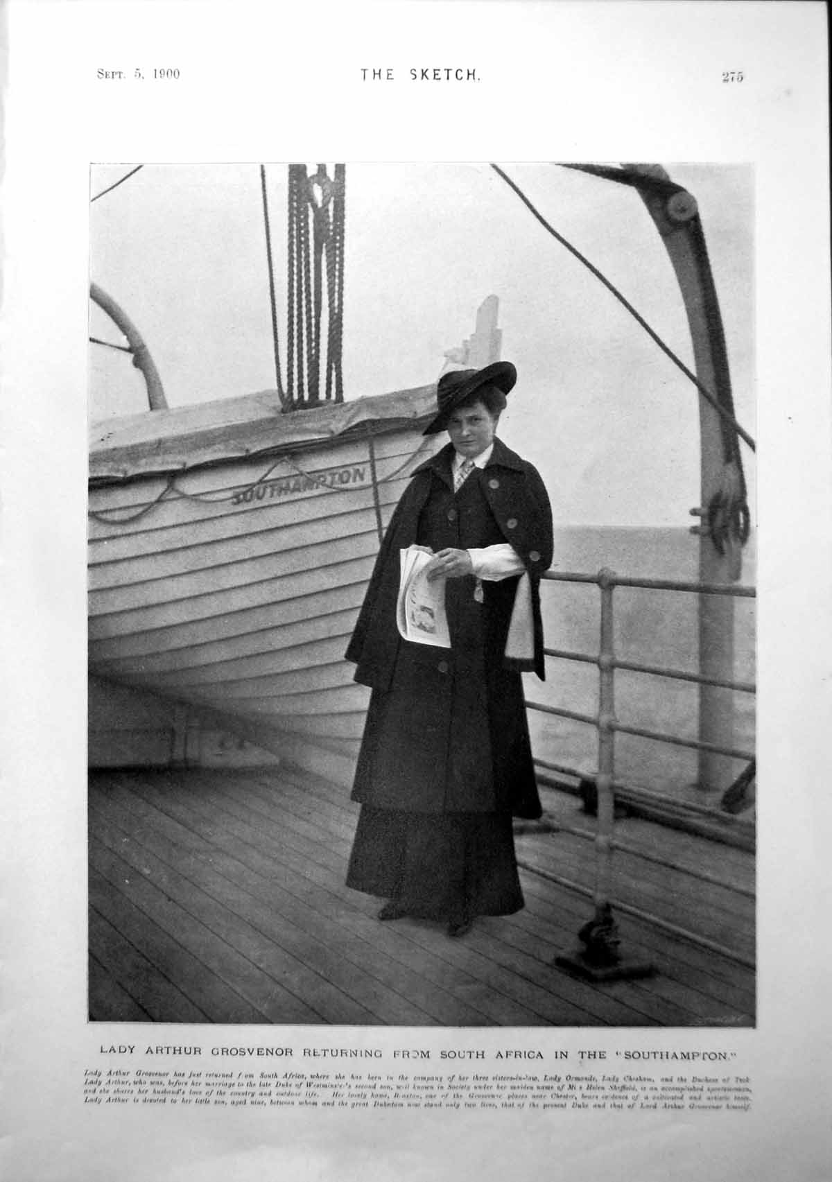 Original Old Antique Print Lady Arthur Grosvenor Ship Grasmere Wrestling 1900
