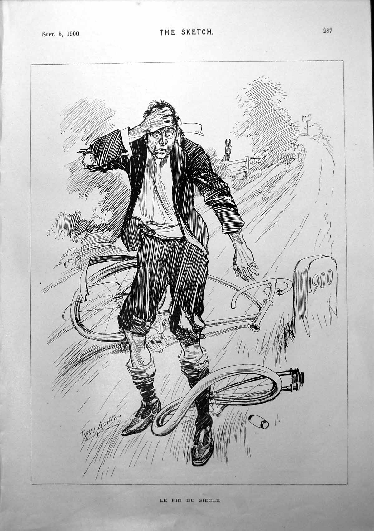 Old Print Le Fin Du Siecle Ross Ashton Bicycle Collapsed Into Pieces 1900 20th