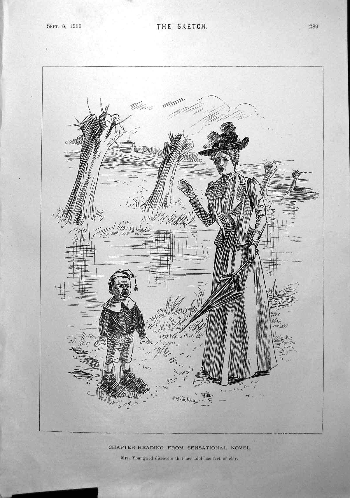 Old Antique Print Lady Riverside Boy Feet Clay Moores 200Th Birthday 1900