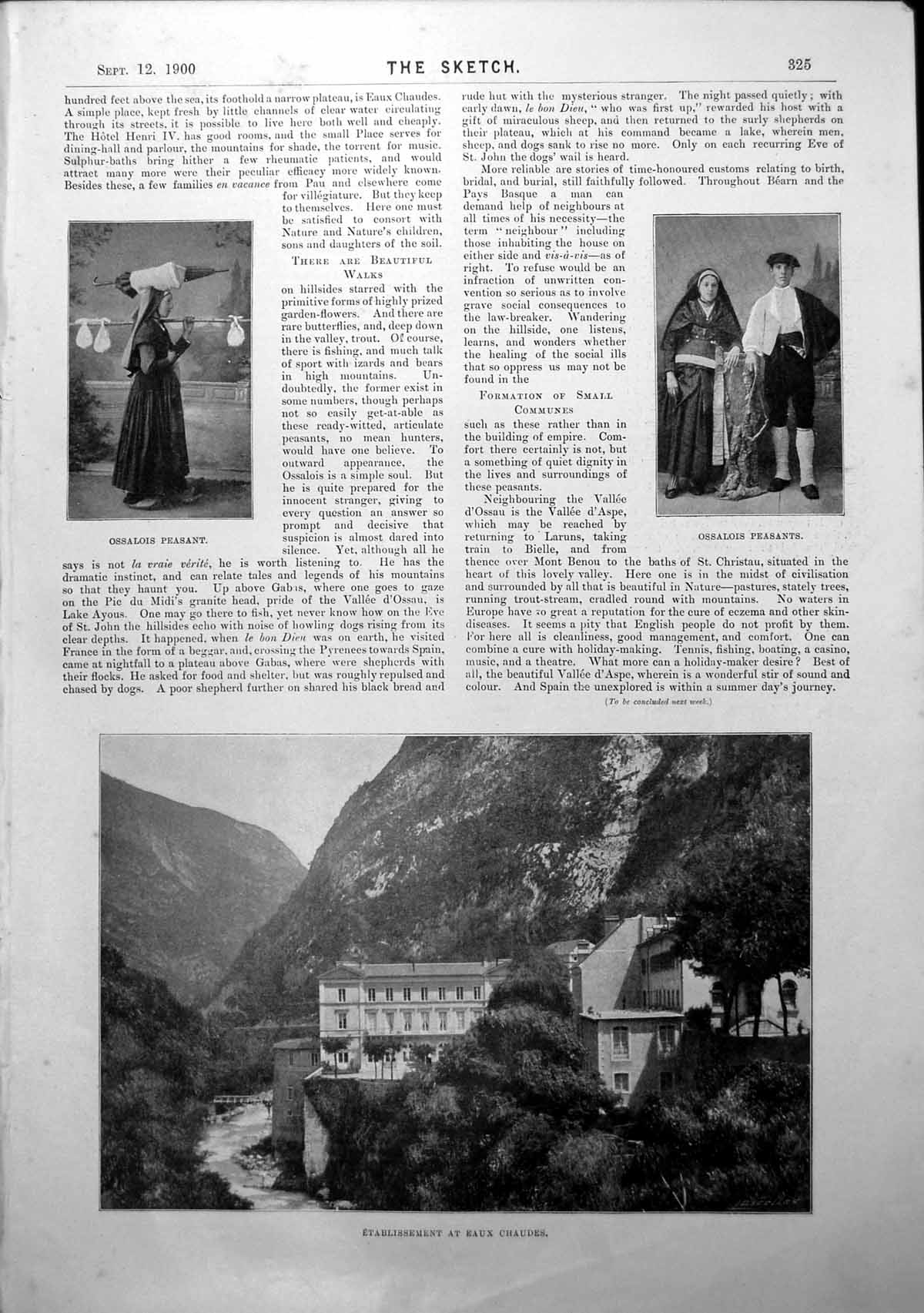 Original Old Antique Print Ossalois Peasants Establishment At Eaux Chaudes 1900