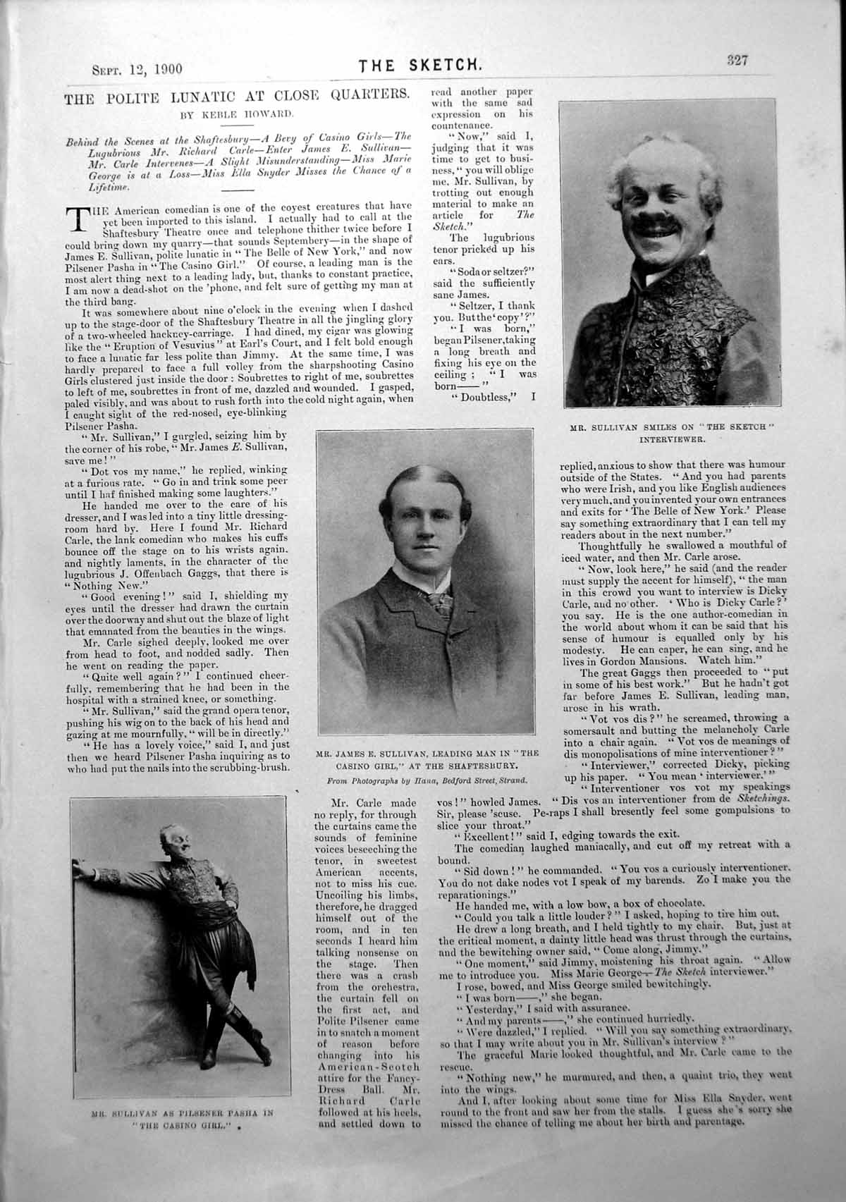Old Antique Print Mr Sullivan As Pilsener Pasha In The Casino Girl 1900 20th