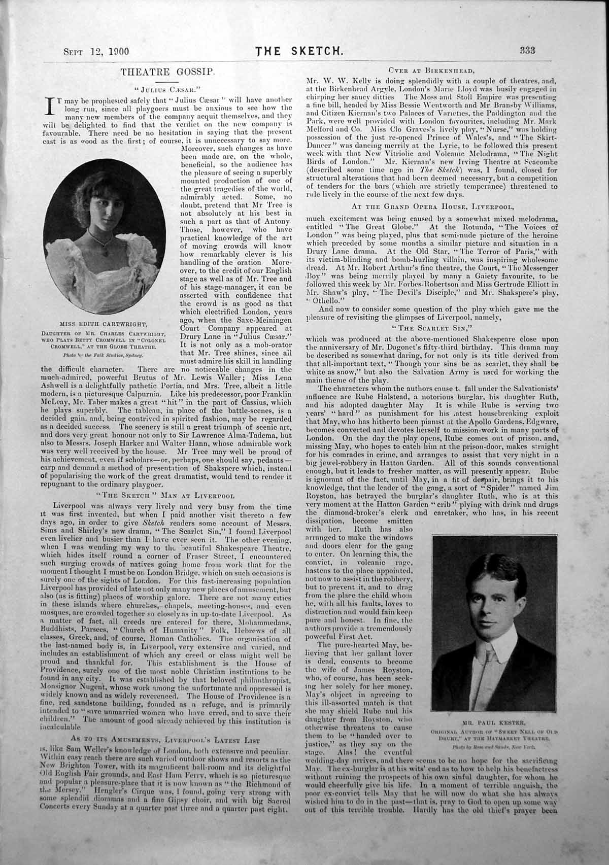 Antique Old Print Miss E Cartwright Mr P Kester The Scarlet Sin Murderer 1900