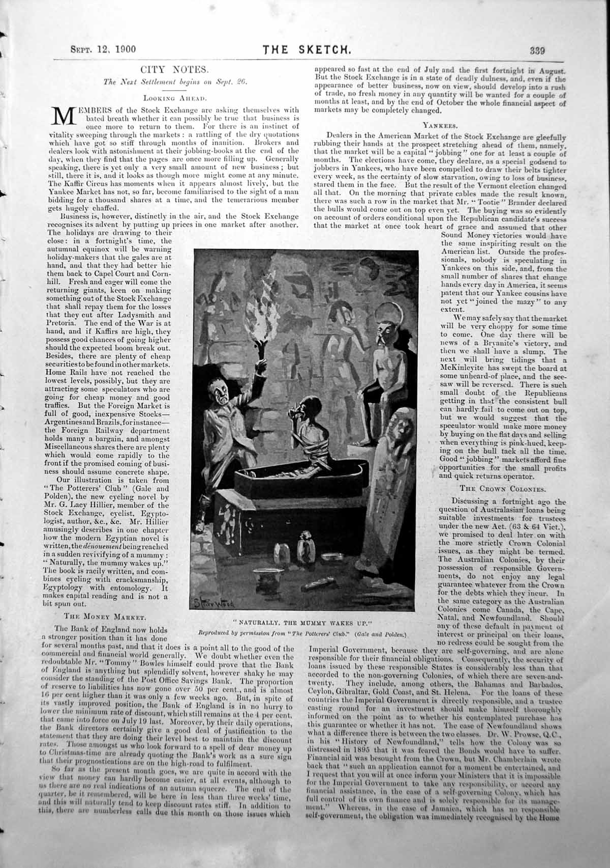 Antique Old Print Mummy Wakes Up Man Bearing Torch Flames Coffin S Wood 1900