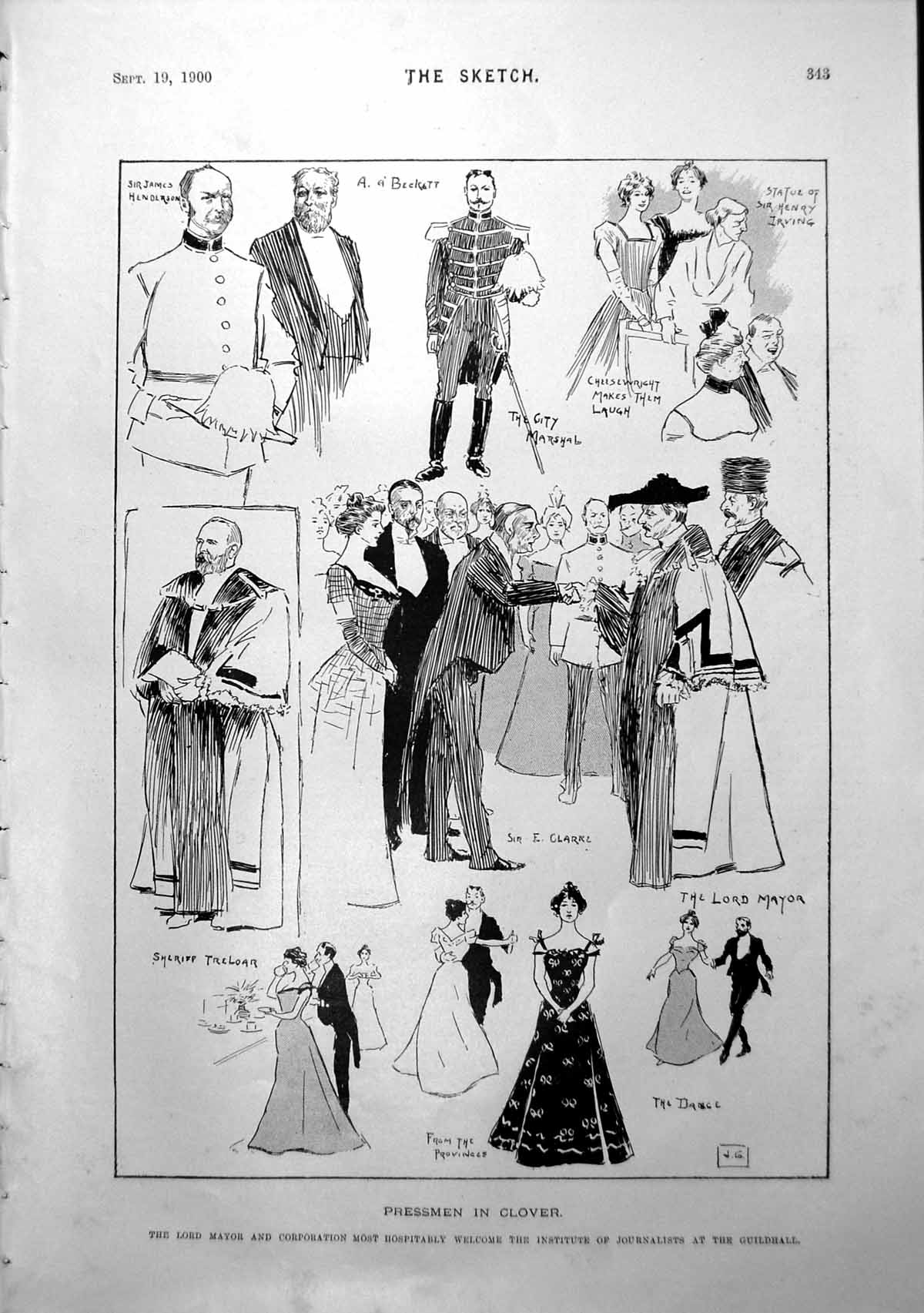 Antique Old Print Lord Mayor Company Journalists Sketches Mary Chatteris 1900