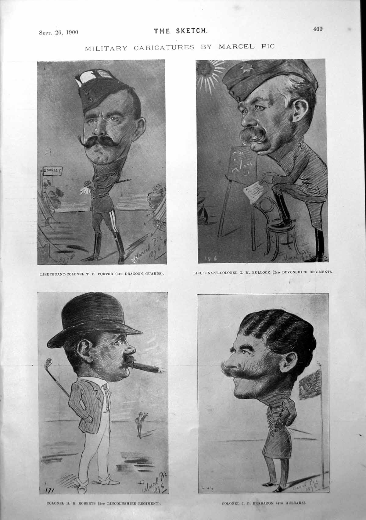 Old Print Military Caricatures Marcel Pic Seaside Jest Man Daughters 1900 20th