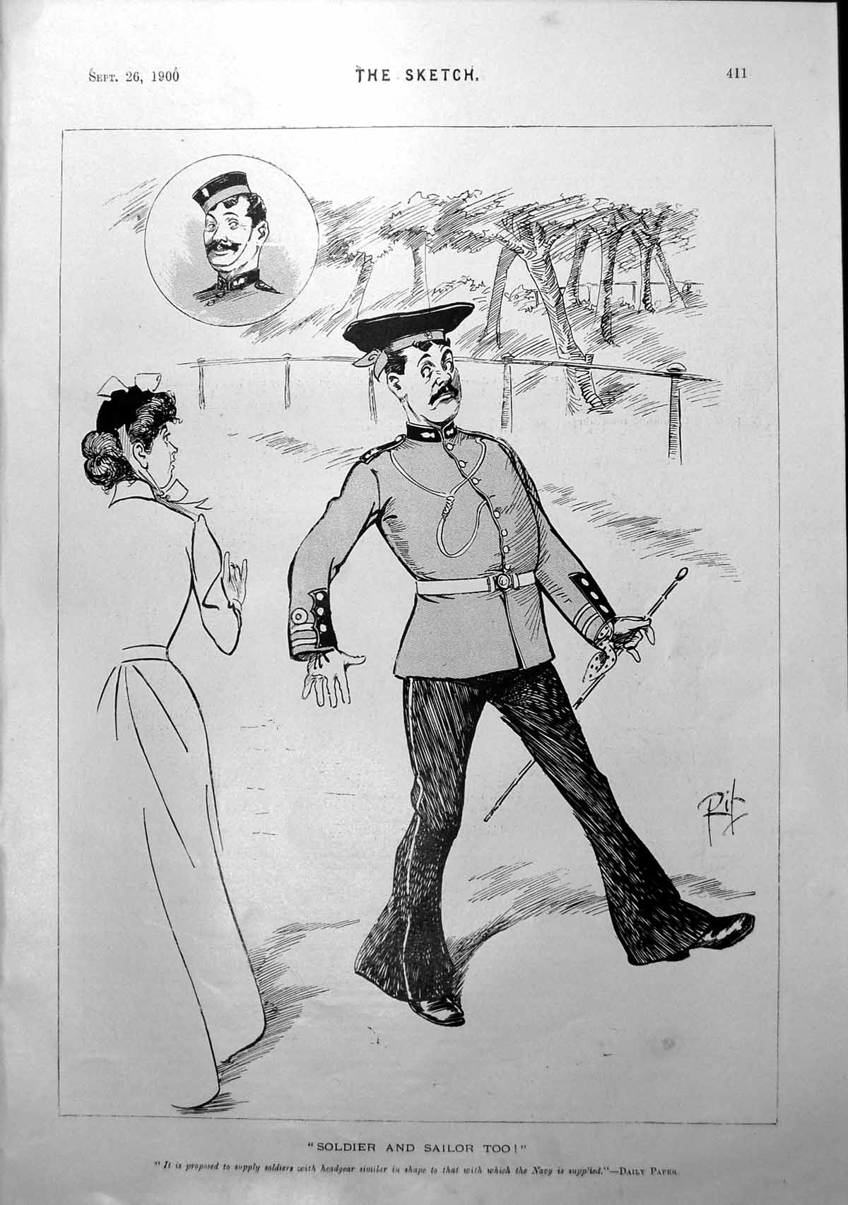 Old Antique Print Sier And Sailor Too Lady Looking Proposed Headgear 1900 20th