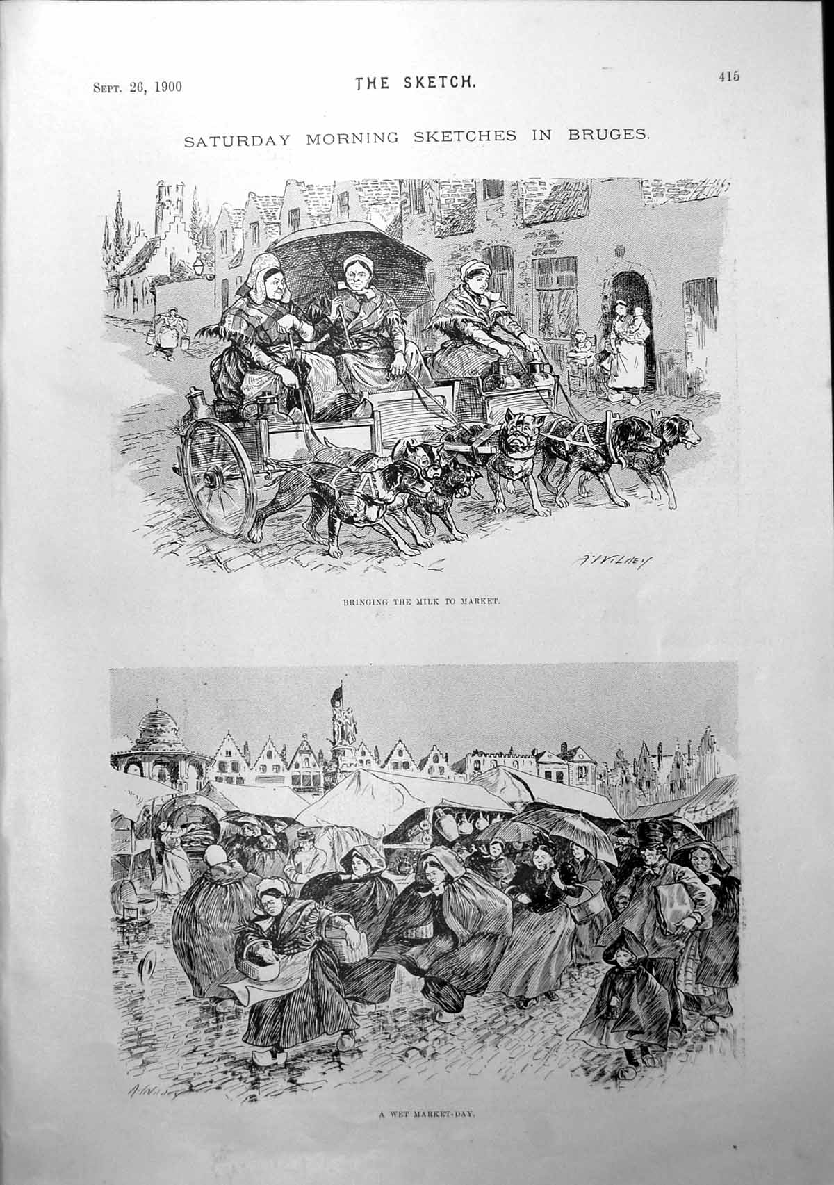 Antique Old Print Saturday Morning Sketches Bruges Market Strand Views 1900