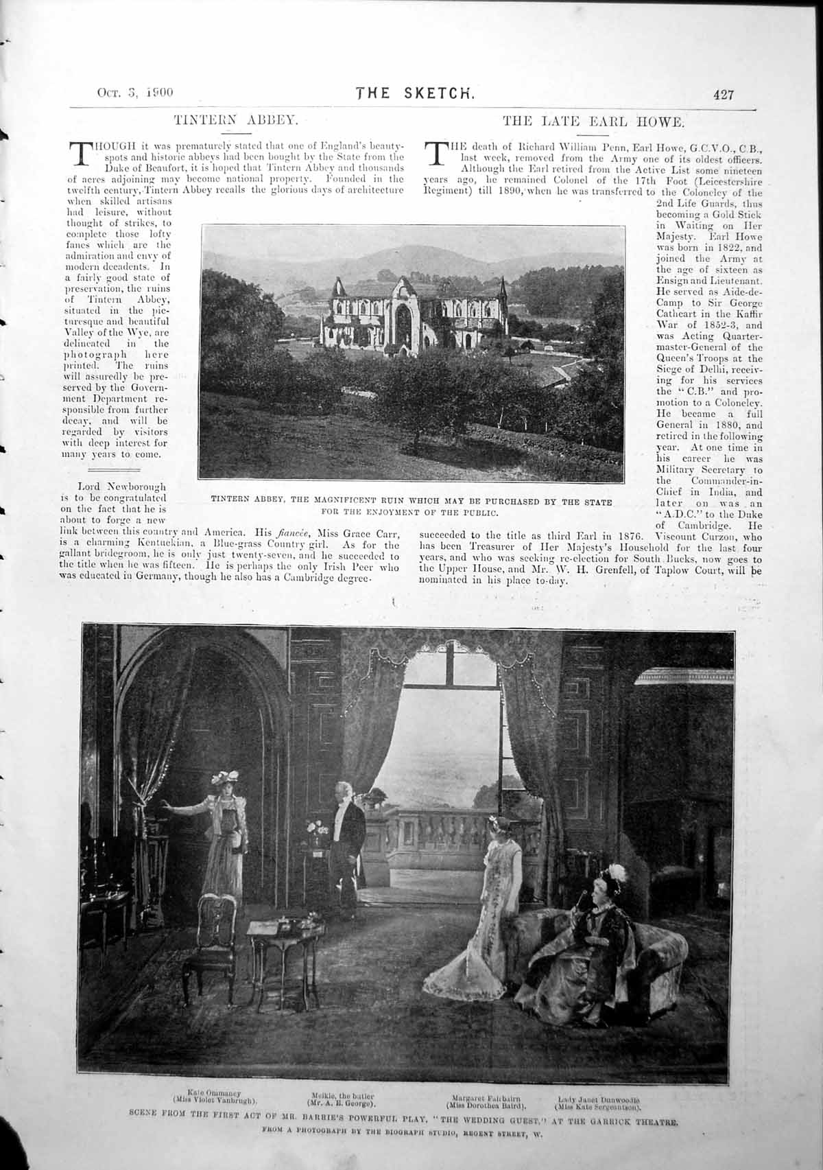Old Print Tintern Abbey Wedding Guest Play Crystal Palace Portraits 1900 20th