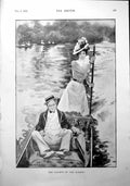 Antique Print Lady Punting Boat River Man Sitting Cigar Fag-End Summer 1900