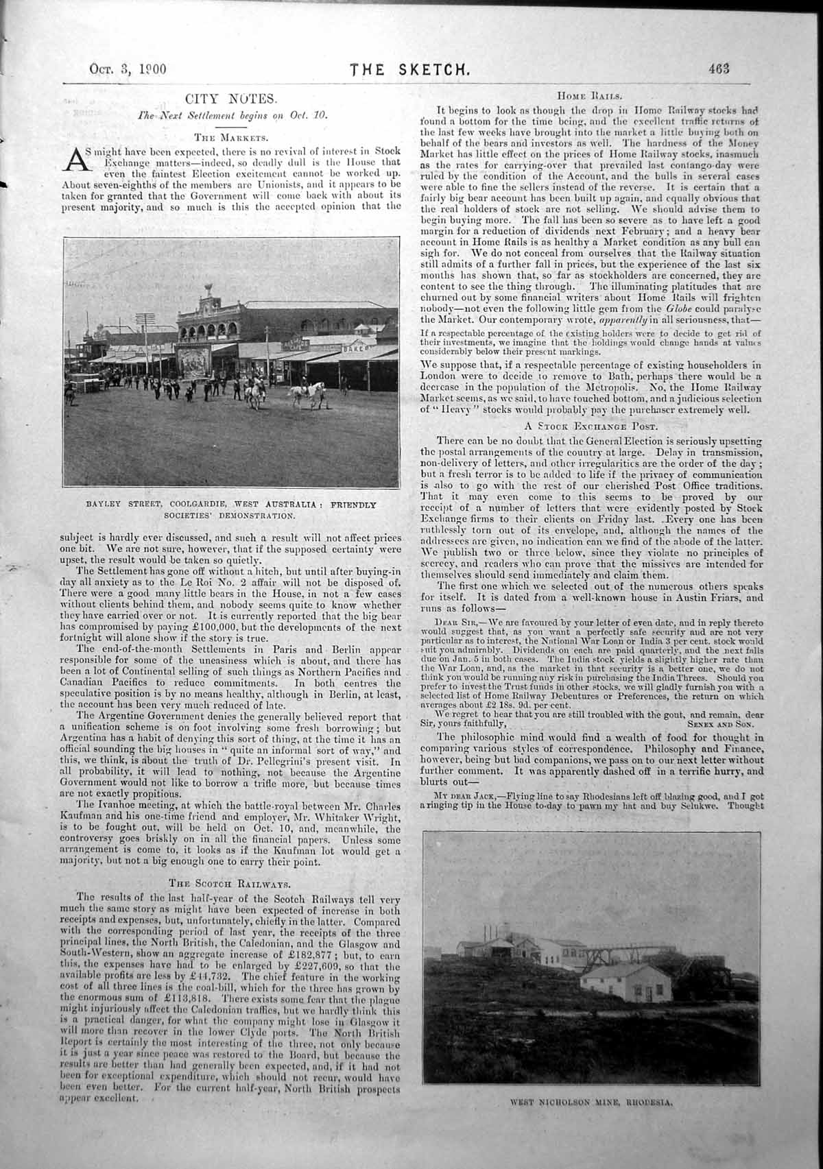 Antique Print Bayley St Coolgardie W Australia Nicholson Mine Rhodesia 1900