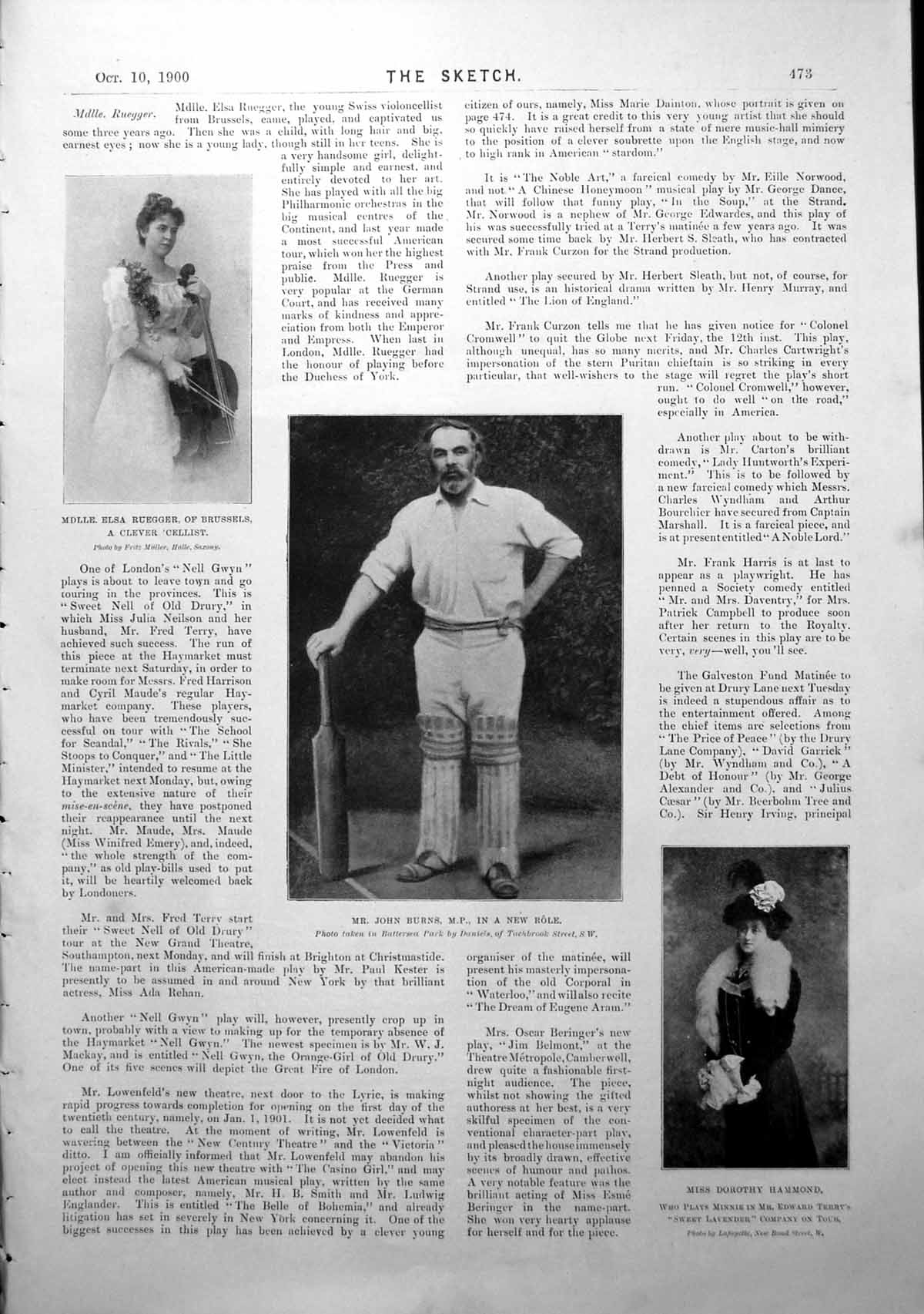 Antique Old Print Mr John Burns Mp Batting Dorothy Hammond Marie Dainton 1900