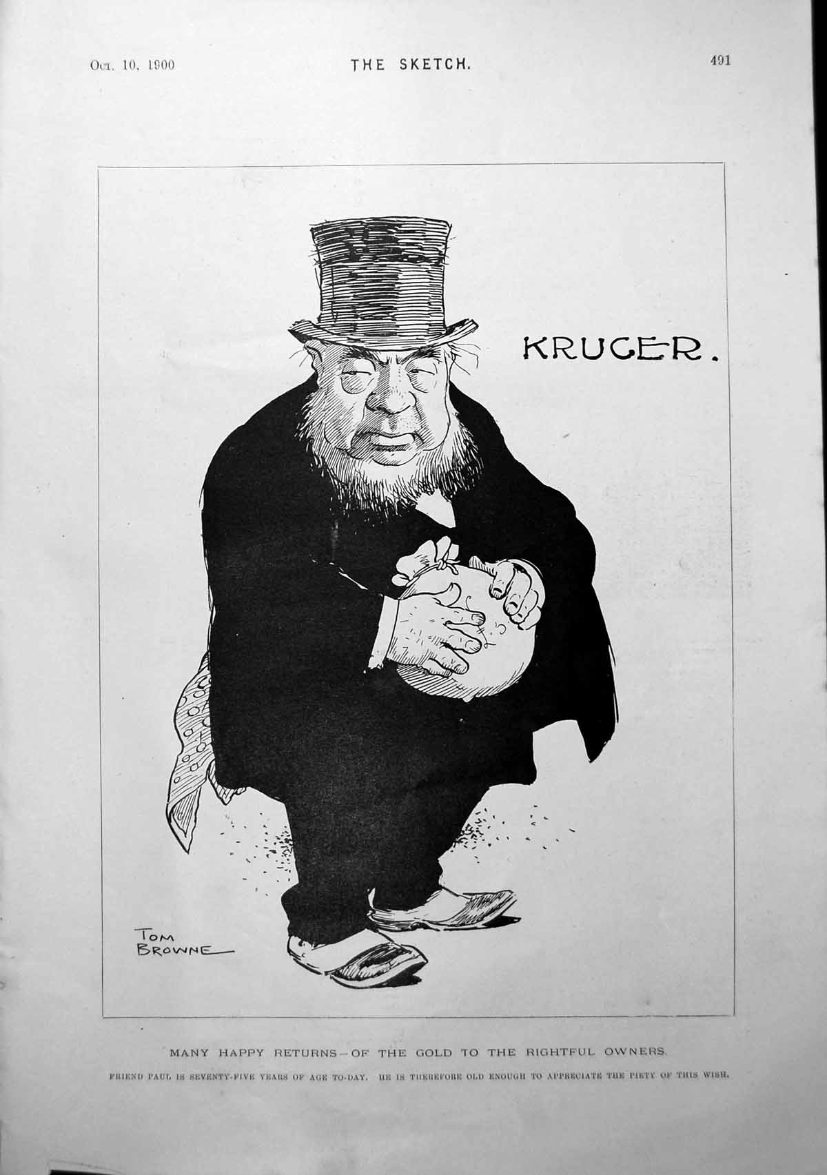 Original Old Antique Print Tom Browne Caricature Return GKruger Man Fall 1900
