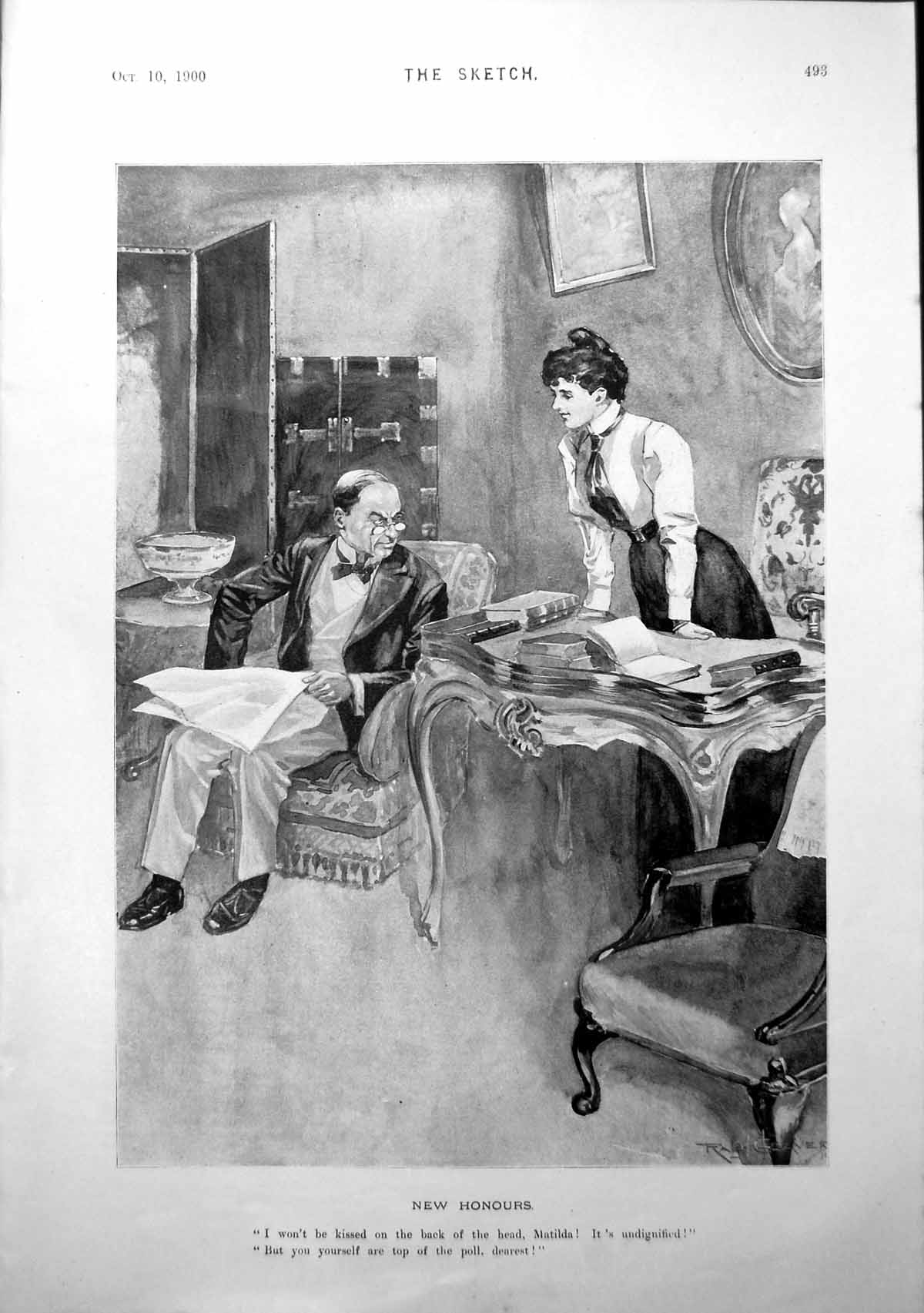 Antique Print New Honours Gentleman Lady In Study Armchair Table Books 1900
