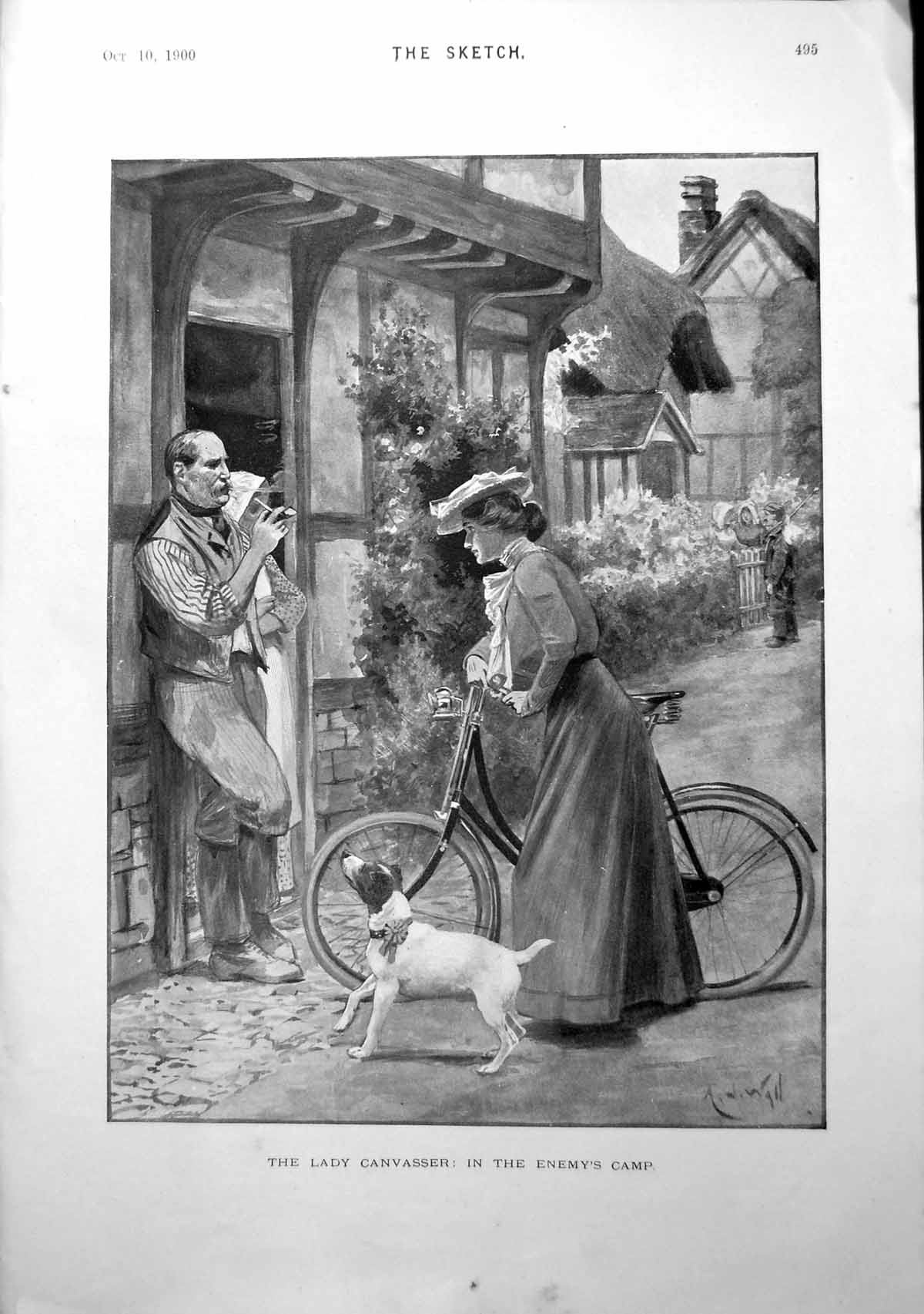 Old Print Lady Canvasser In Enemy'S Camp Bicycle Dog Couple Cottage 1900 20th