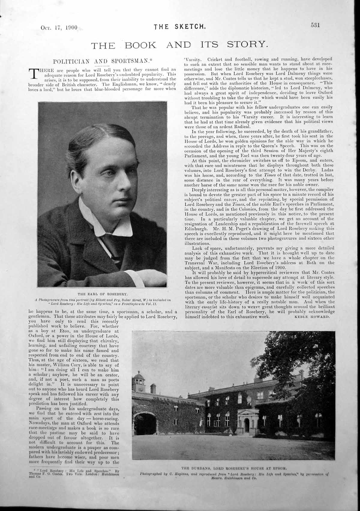 Antique Old Print Earl Rosebery The Durdans Miss Annie Russell Cardinal 1900