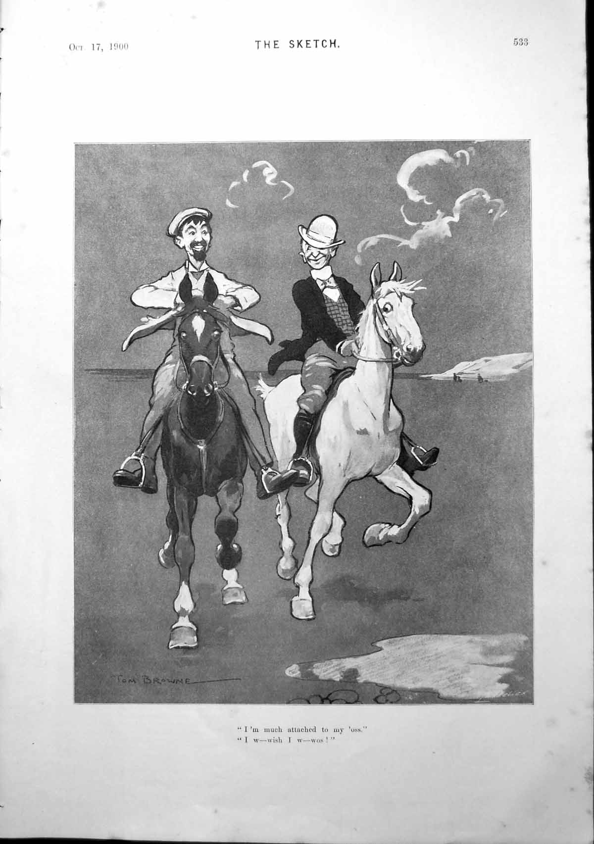 Old Antique Print Tom Browne Cartoon Two Horses And Riders On Sands 1900 20th