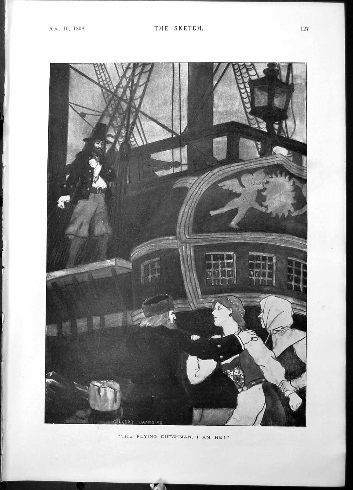 Original Old Antique Print Flying Dutchman I Am He Gilbert James Men Boat 1898