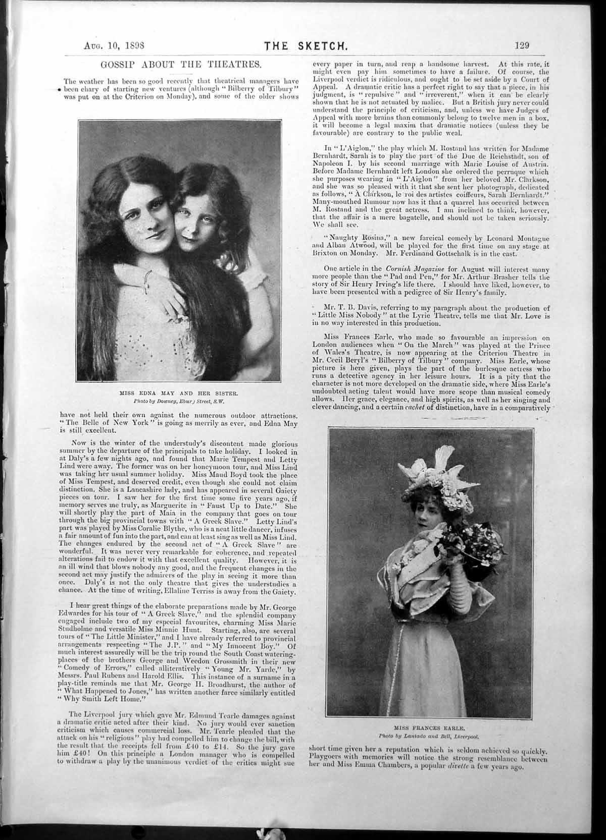 Old Print Edna May Sister Frances Earle Young Wild Ducks Stock Birds 1898 19th