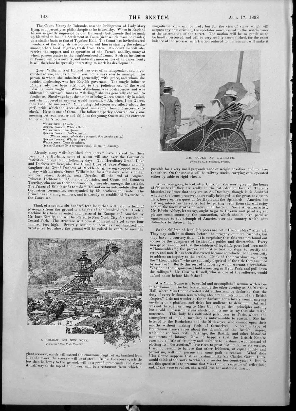 Antique Print Mr Toole Margate See Saw New York Bismarck Buried Statue 1898