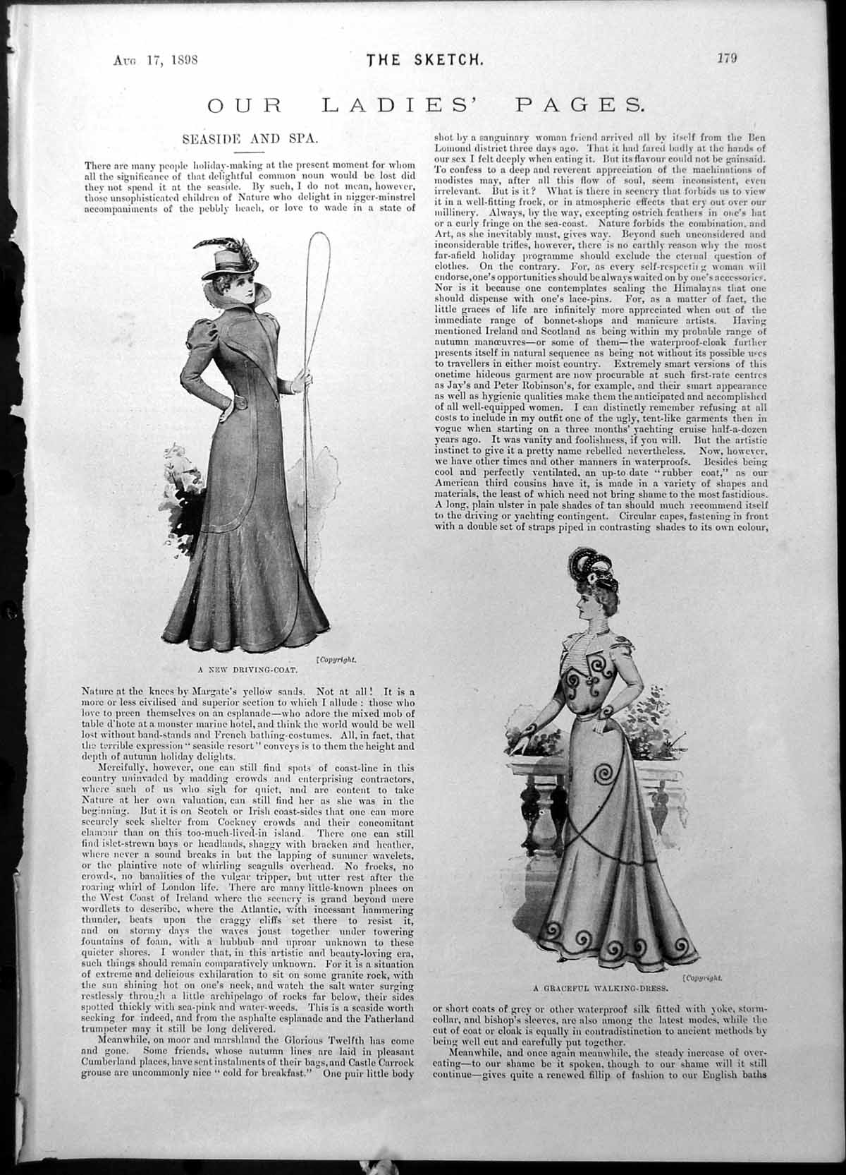 Antique Old Print Driving Coat Graceful Walking Dress New Treatment Lace 1898