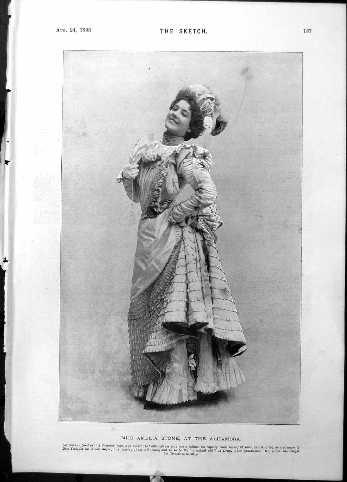 Old Antique Print Miss Amelia Stone Alhambra Stranger Form New York 1898 19th