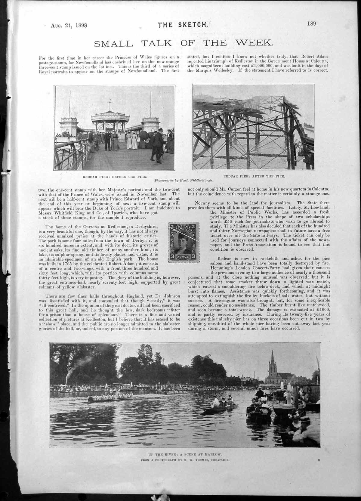 Old Print Redcar Pier Before After Fire Up River Scene Marlow Photo 1898 19th