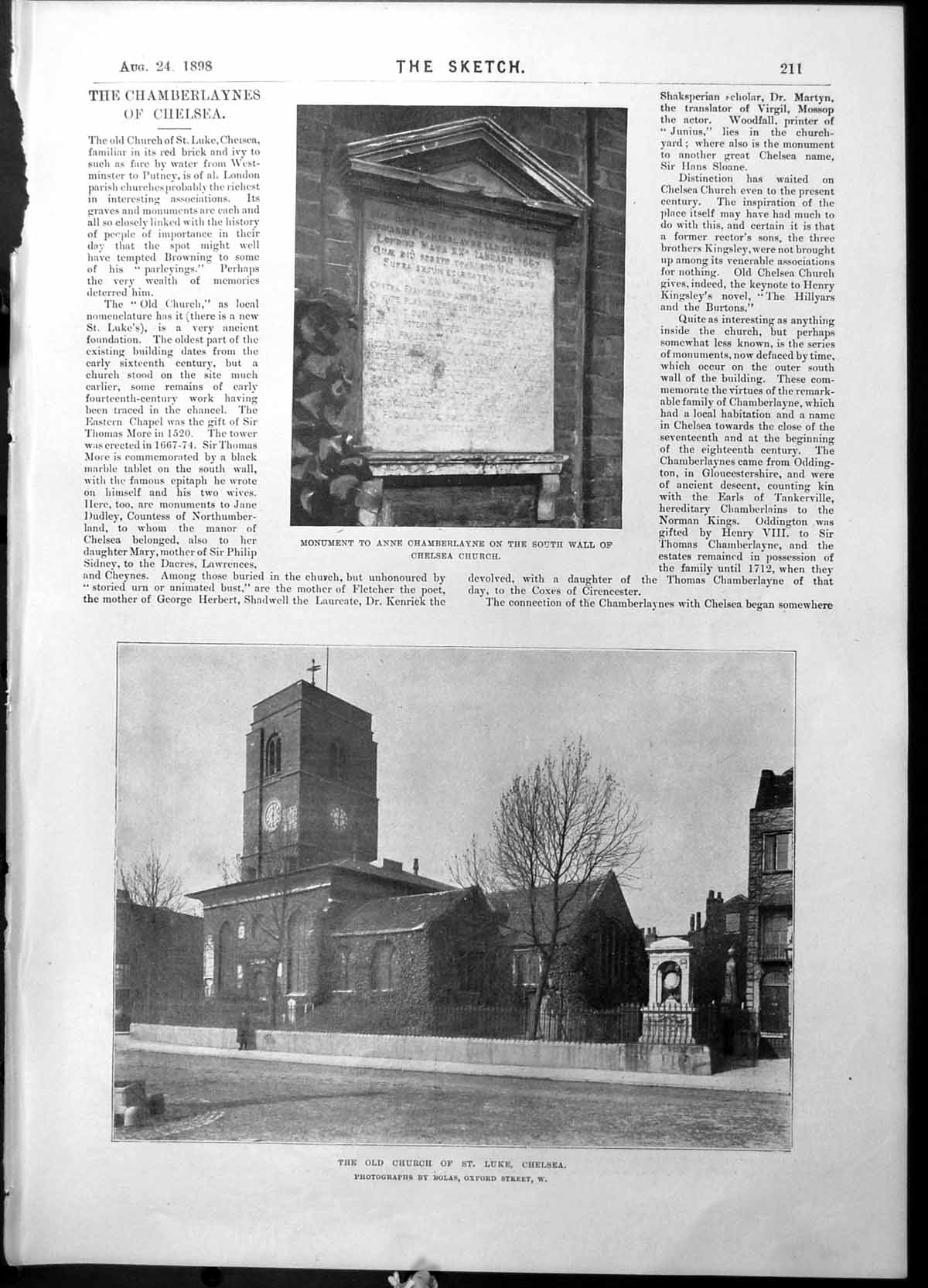 Antique Print Monument Anne Chamberlayne Chelsea Church Church St Luke1898 19th