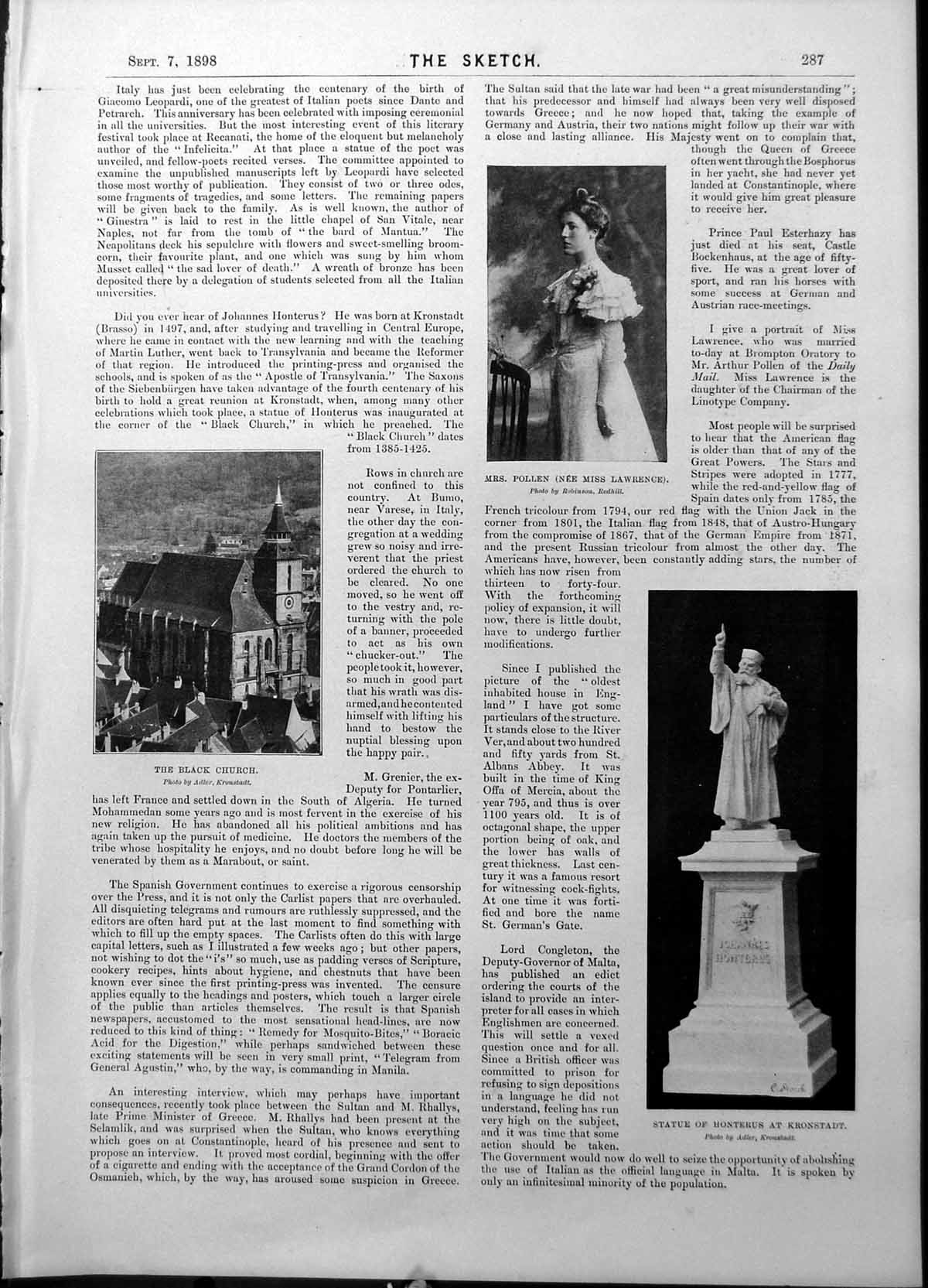 Old Black Church Mrs Pollen Statue Honterus French Frigate Danae 1898 Victorian