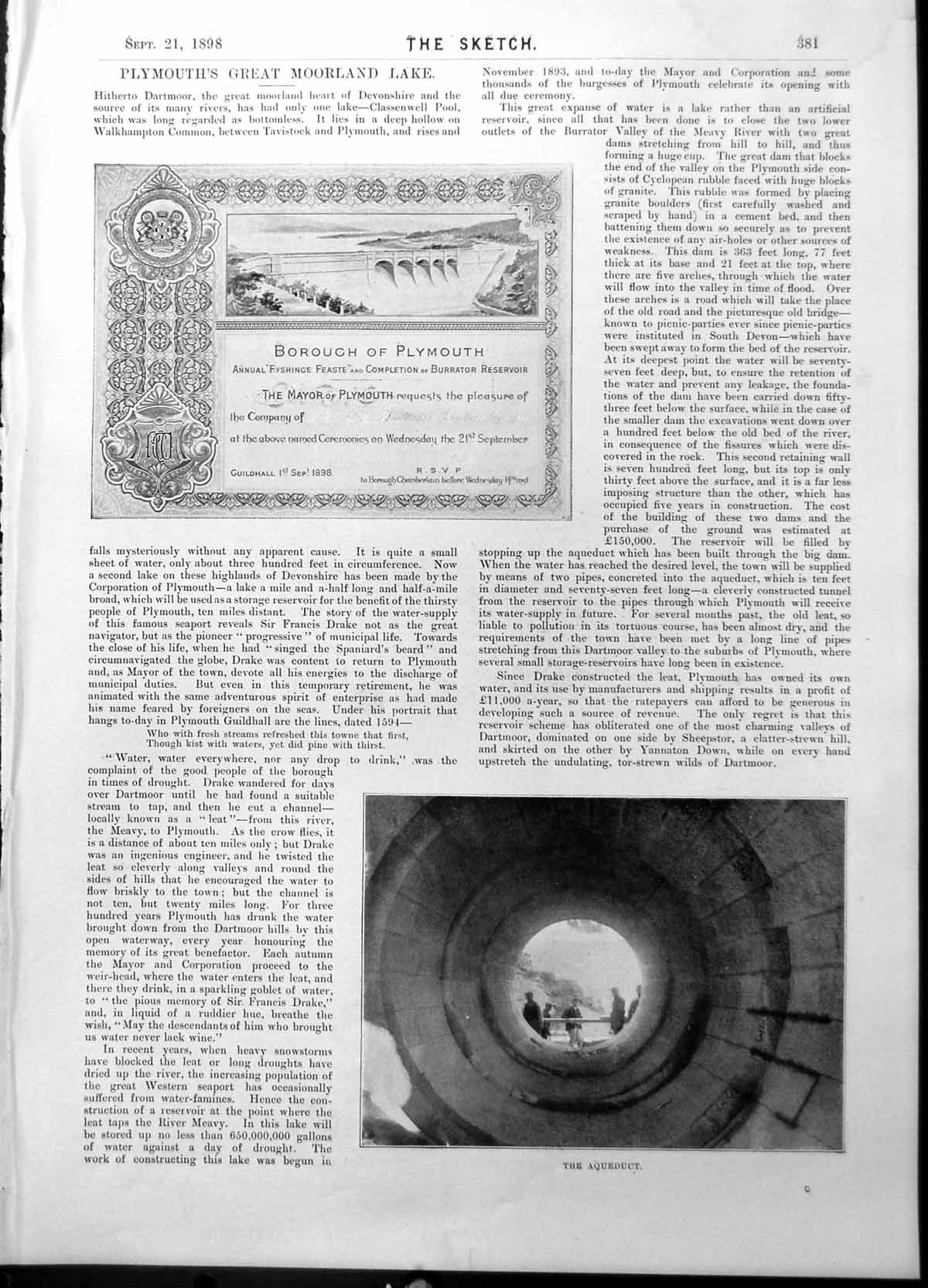 Antique Old Print Plymouths Lake Aqueduct Pierremont Park Broadstairs 1898 19th
