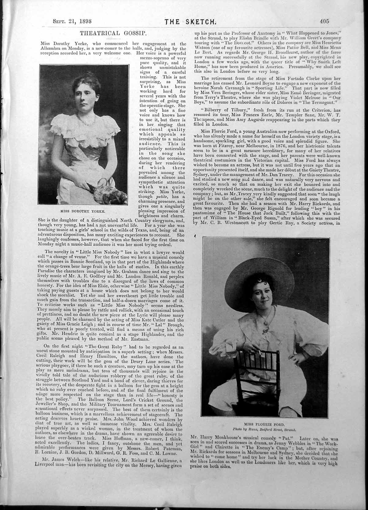 Old Print Dorothy Yorke Florrie Ford Removing Trout Tank Travelling 1898 19th
