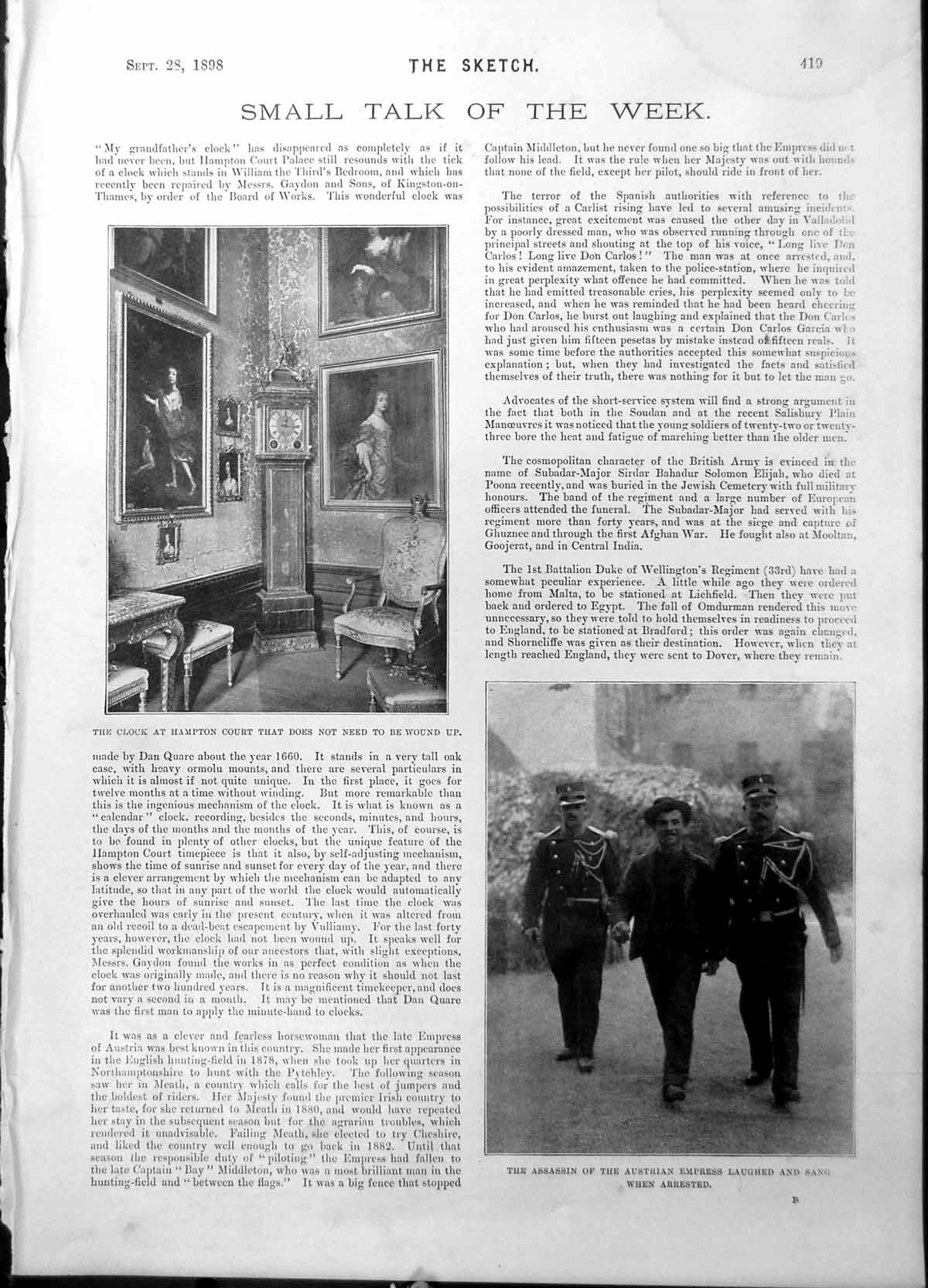 Antique Old Print Clock Hampton Court Assassin Austrian Empress Arrested 1898