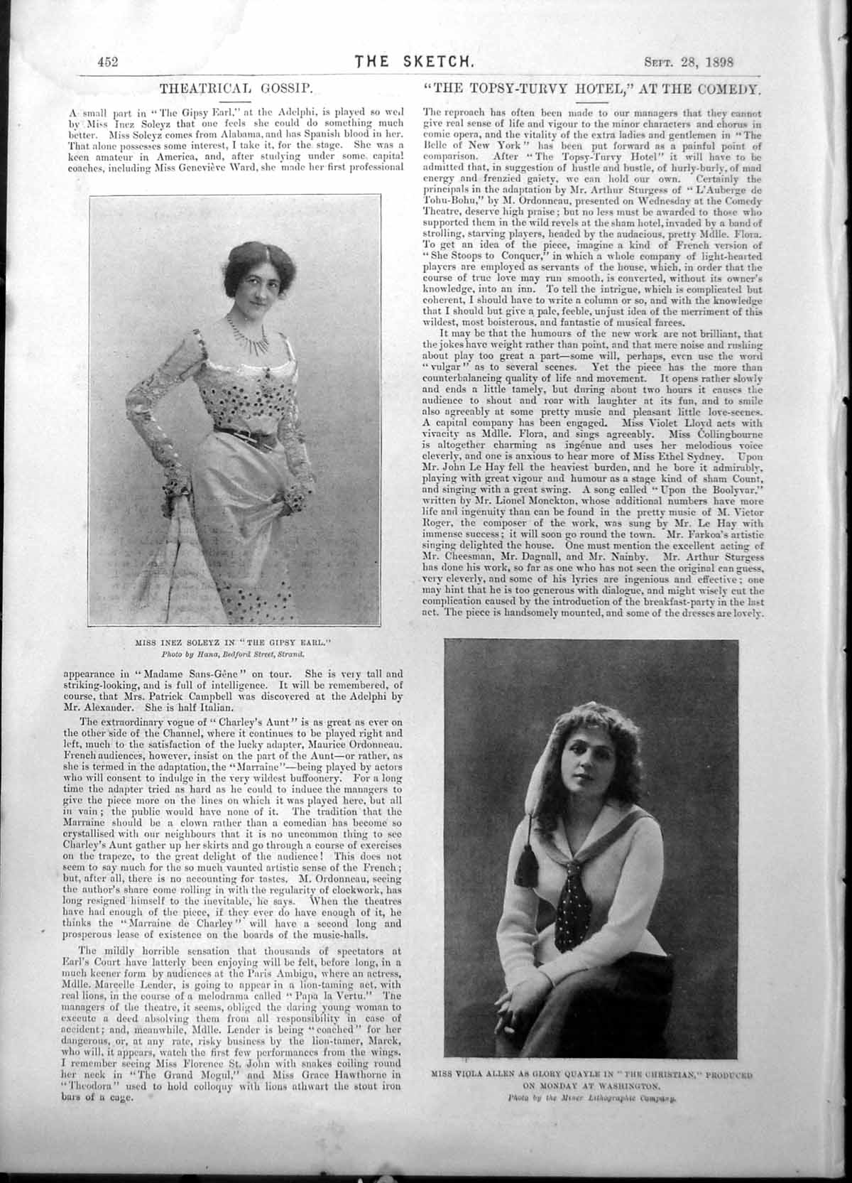 Old Print Inez Soleyz Gipsy Earl Viola Allen Glory Quayle Christian 1898 19th
