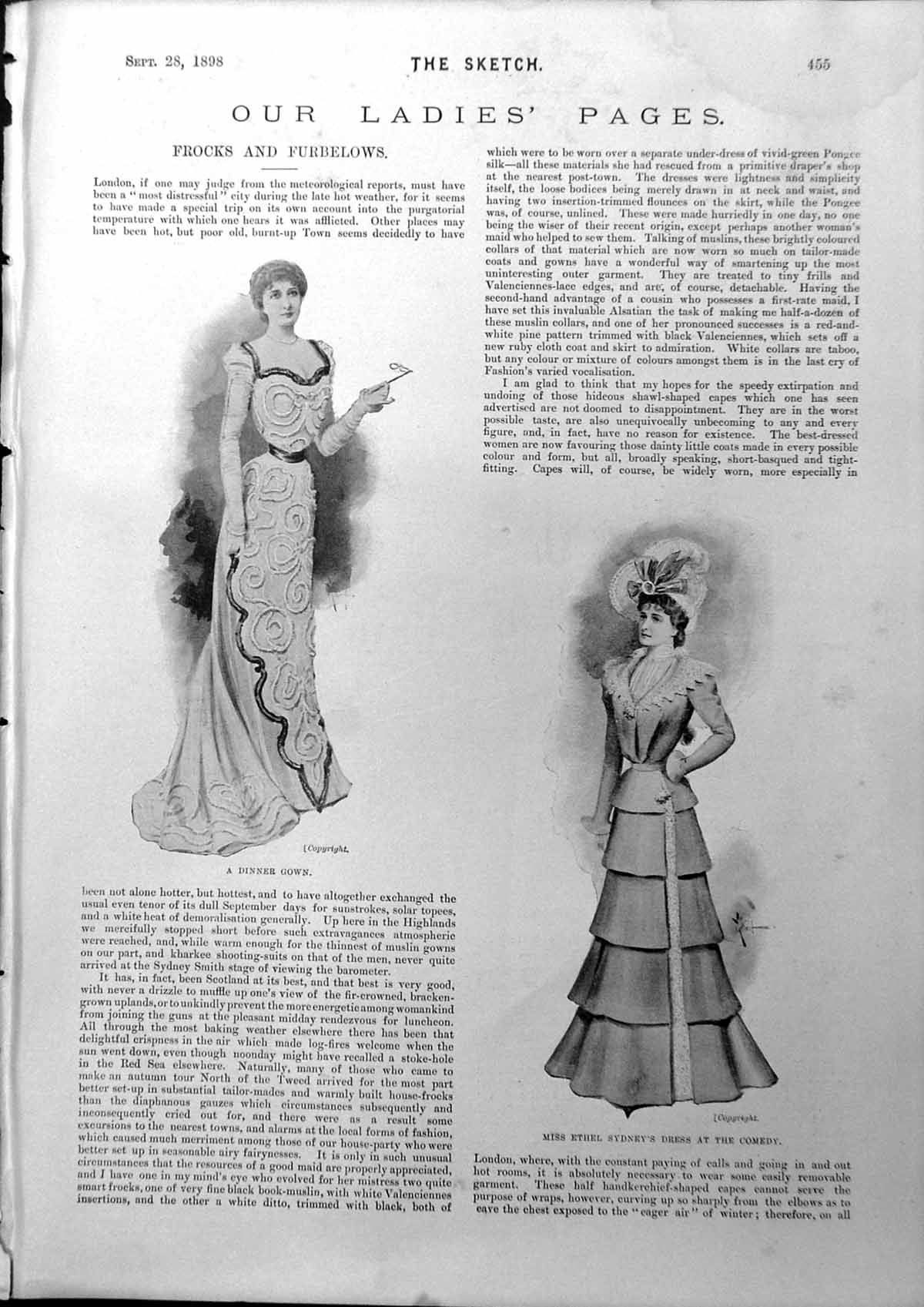 Antique Print Dinner Gown Ethel Sydneys Dress Comedy Corduroy Leather 1898 19th