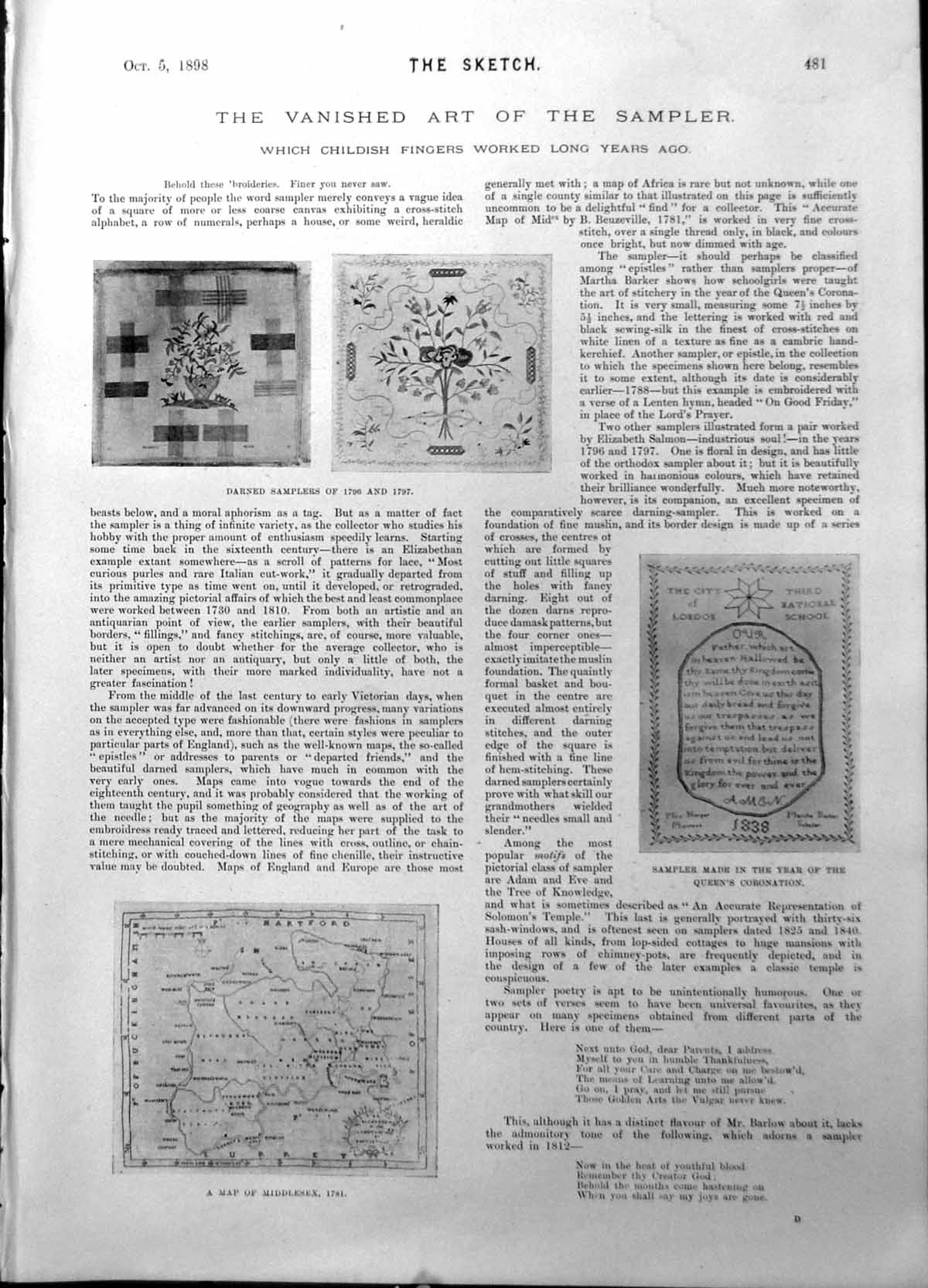 Old Print Samplers 1838 Coronation Map Middlesex Anna Larsen Trilby 1898 19th