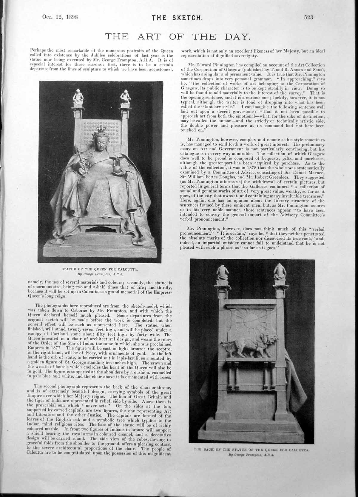 Antique Old Print Statue Queen For Calcutta Back James Grant Novelist 1898 19th